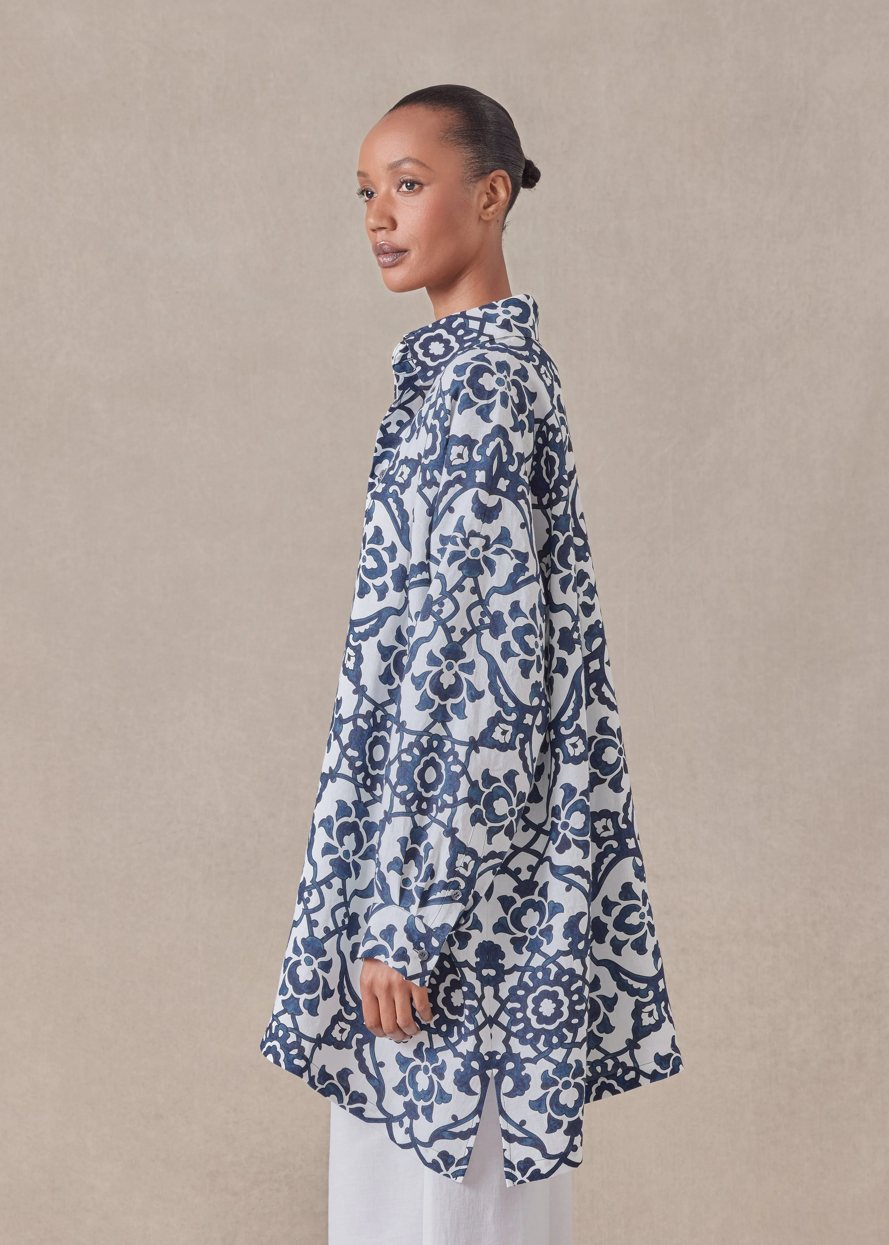 linen wide a-line shirt with collar - long plus sold by eskandar product image thumbnail 3