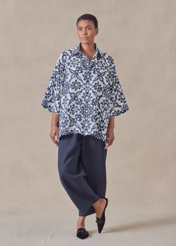 linen wide short sleeve shirt with collar - mid plus sold by eskandar