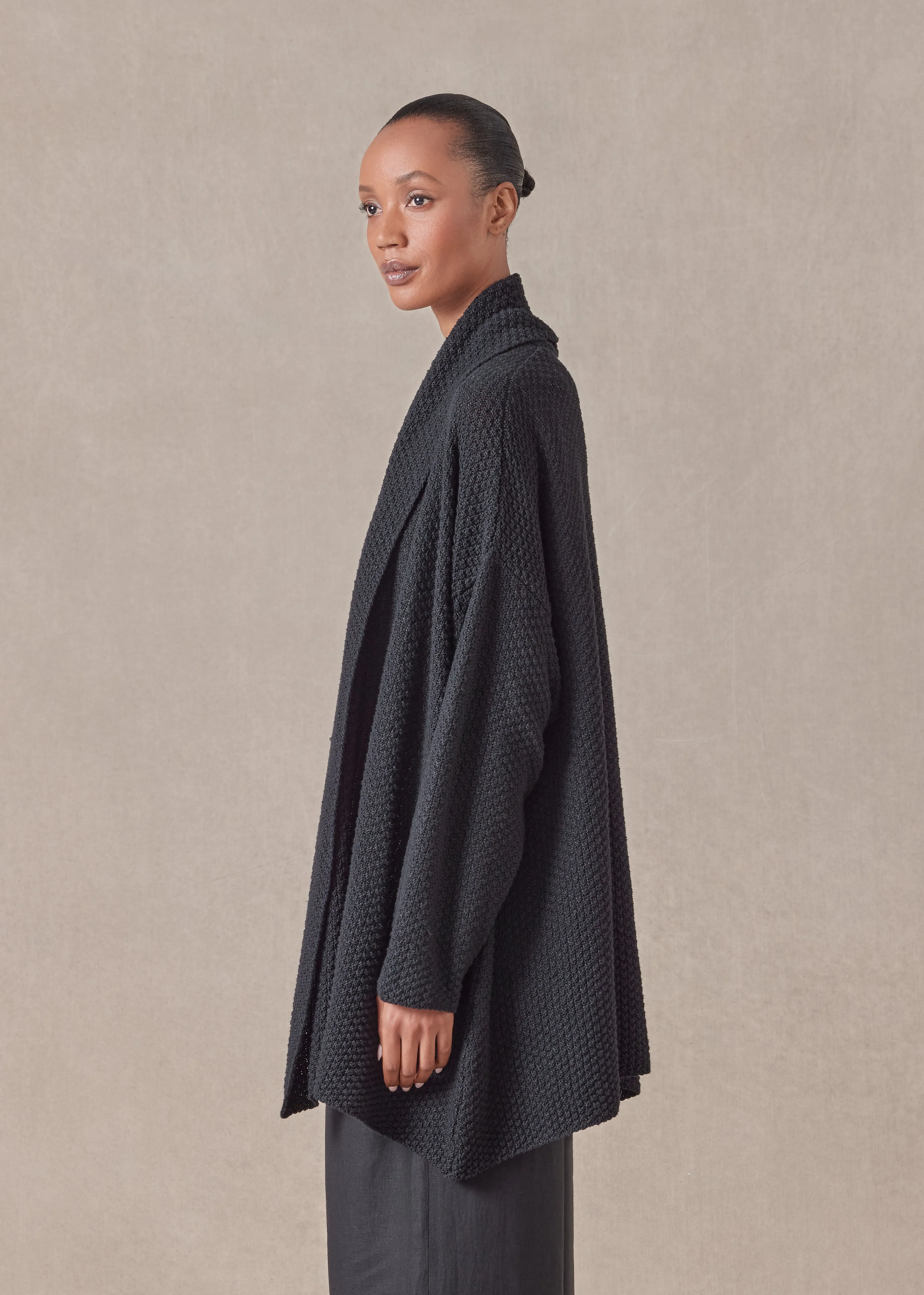 linen cotton mix a-line scrunch shawl collar cardigan - long sold by eskandar product image thumbnail 2