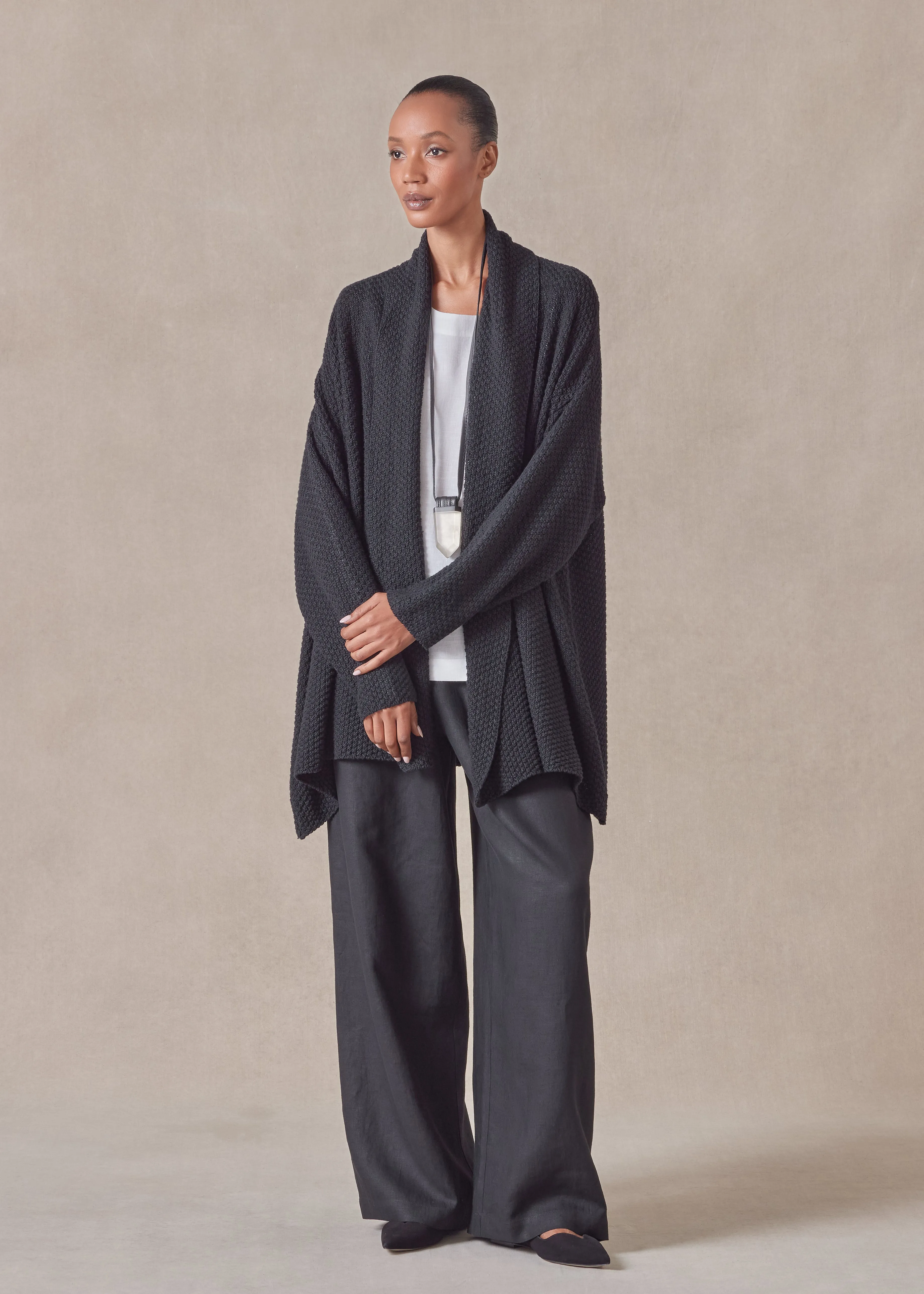 linen cotton mix a-line scrunch shawl collar cardigan - long sold by eskandar