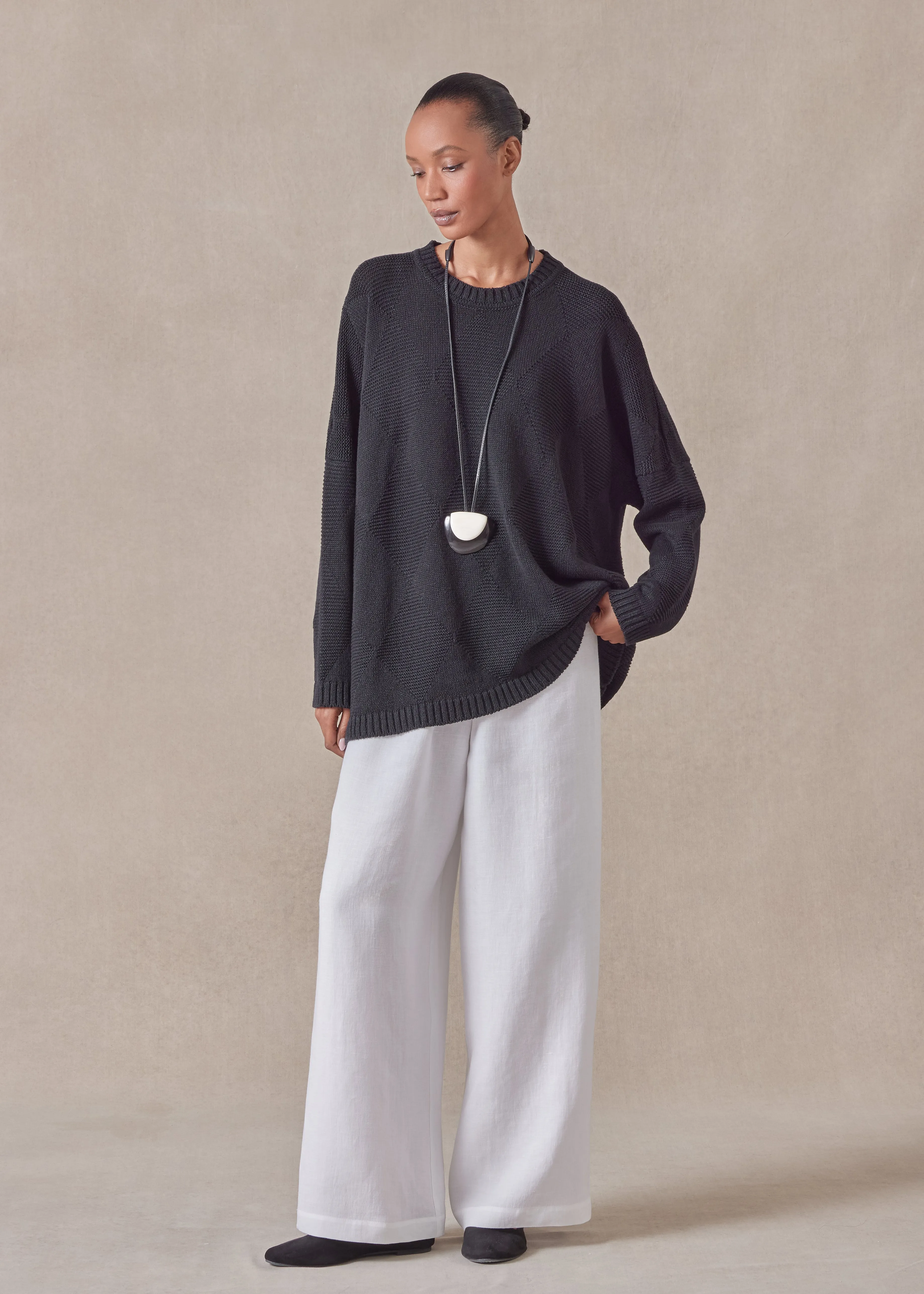 linen cotton mix 3/4 width round neck sweater - mid plus sold by eskandar