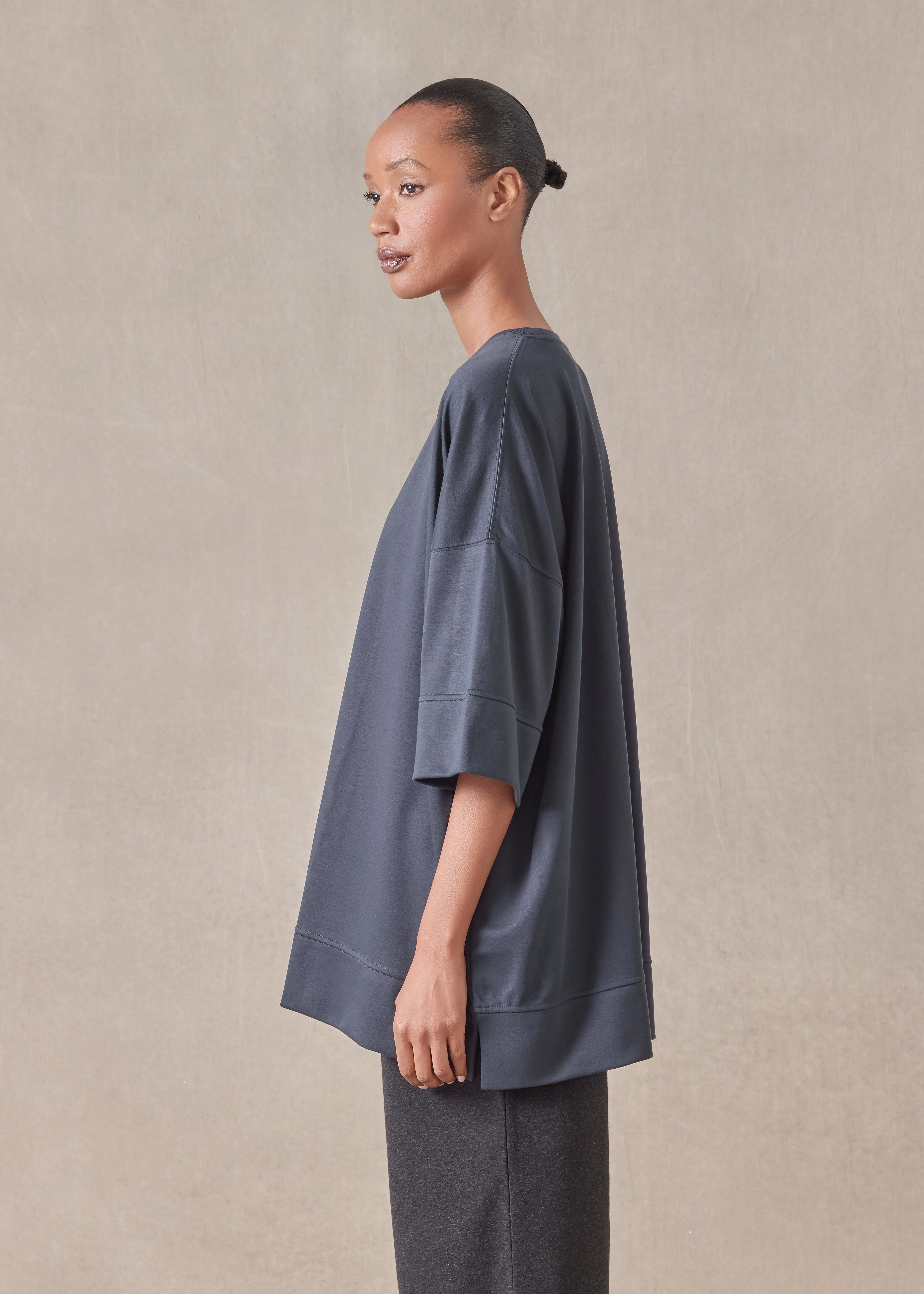 cotton jersey round neck 3/4 sleeve top with hembands - long (navydark) sold by eskandar product image thumbnail 3