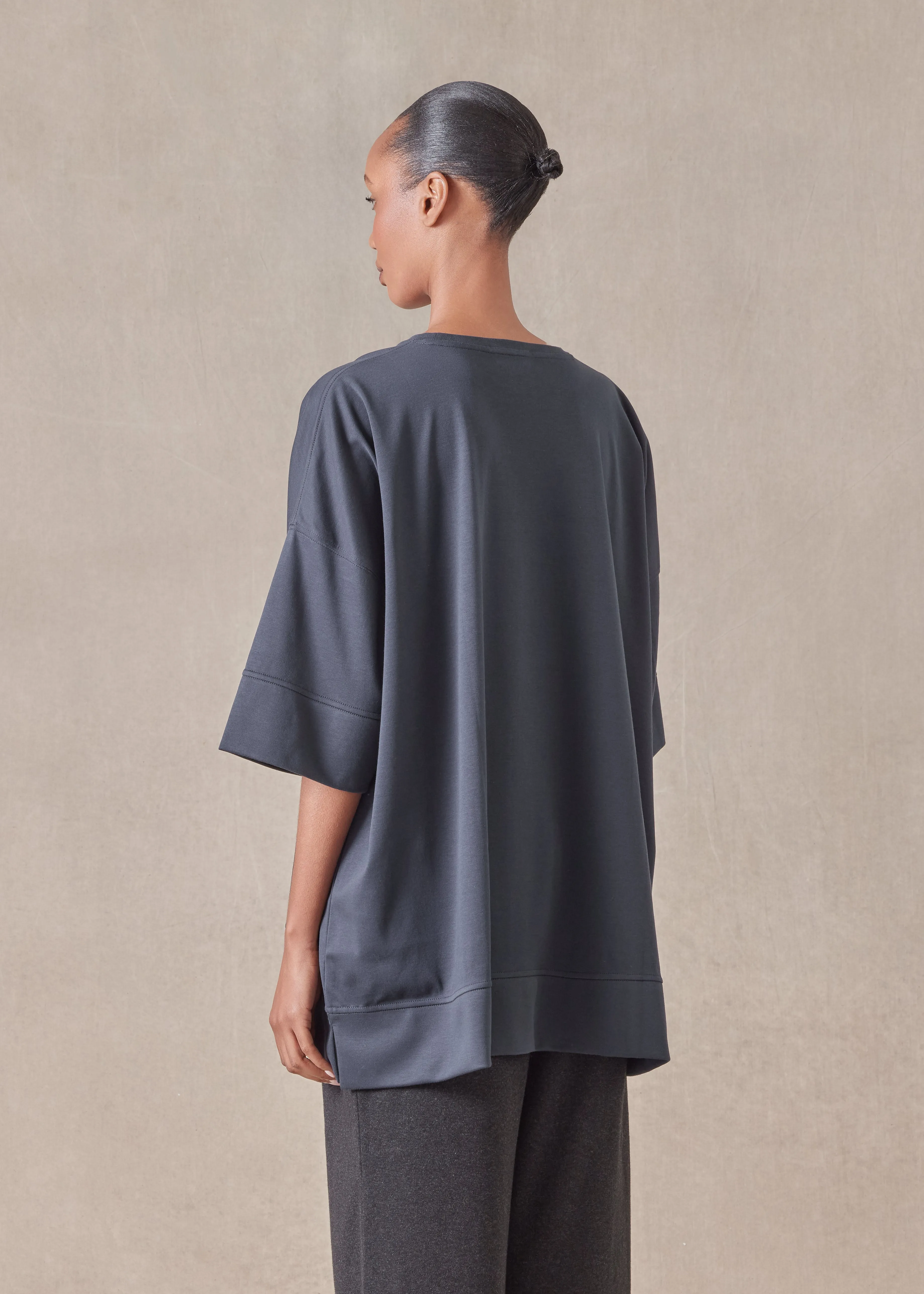 cotton jersey round neck 3/4 sleeve top with hembands - long (navydark) sold by eskandar product image thumbnail 4