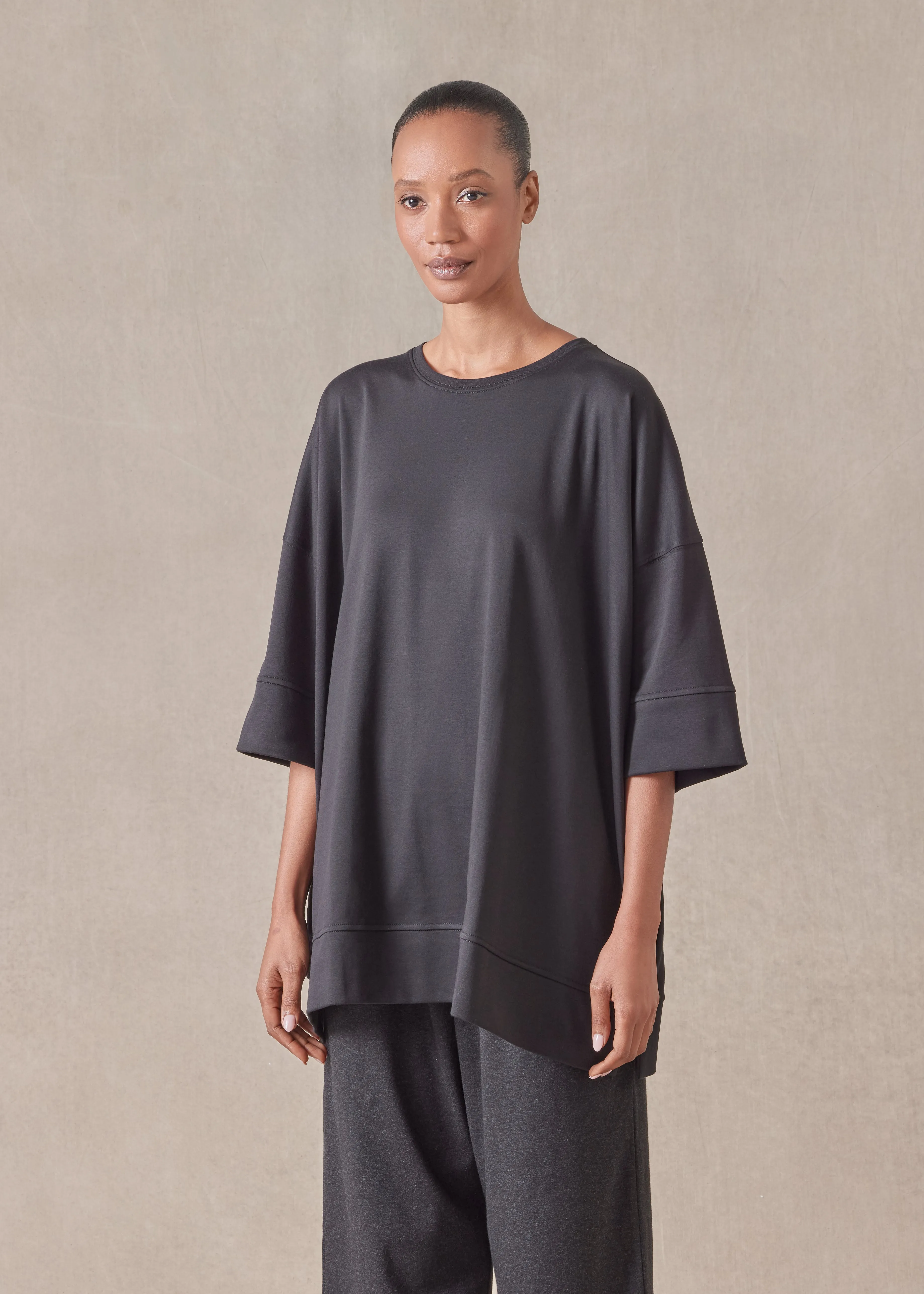 cotton jersey round neck 3/4 sleeve top with hembands - long (black) sold by eskandar product image thumbnail 2