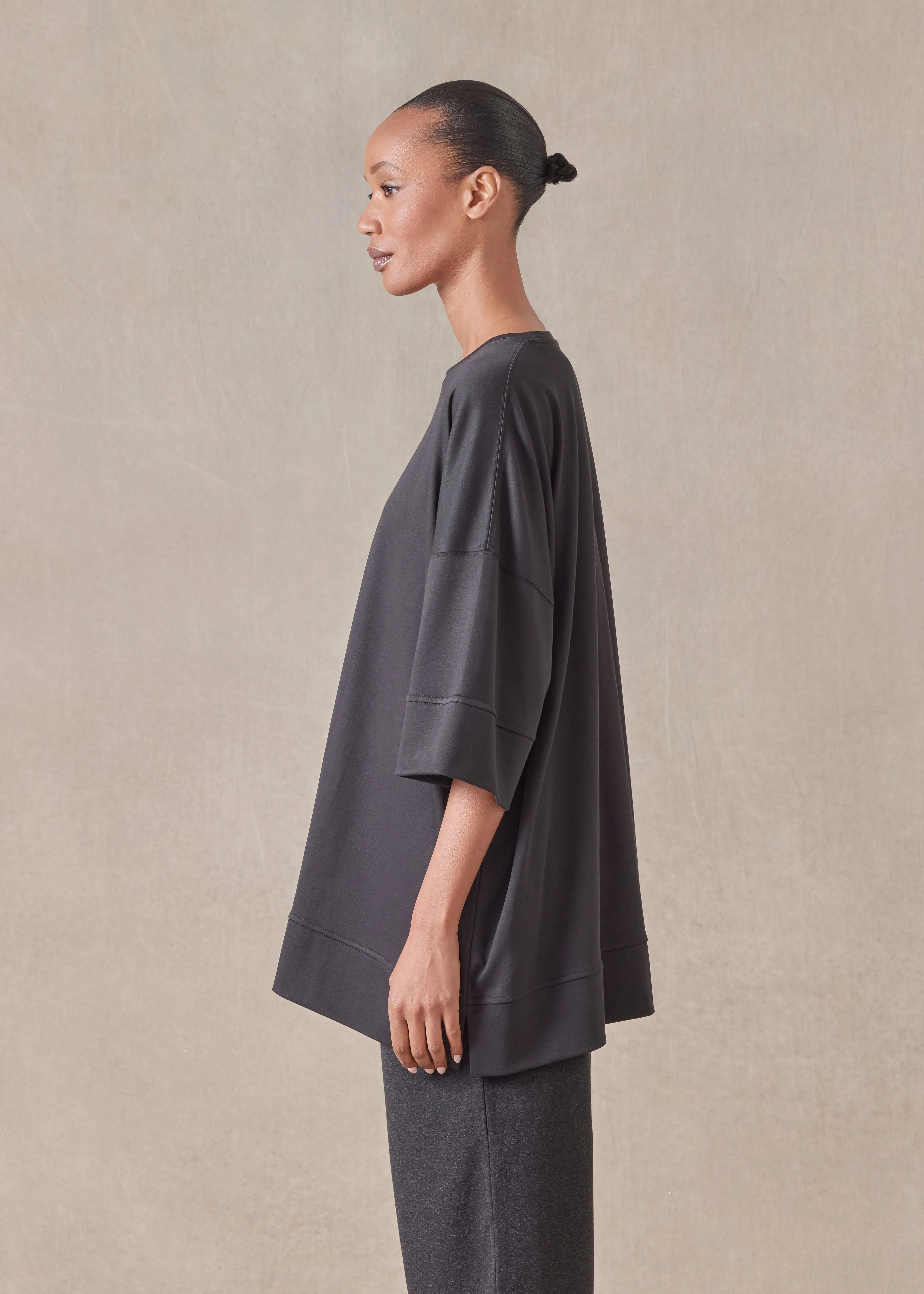 cotton jersey round neck 3/4 sleeve top with hembands - long (black) sold by eskandar product image thumbnail 3