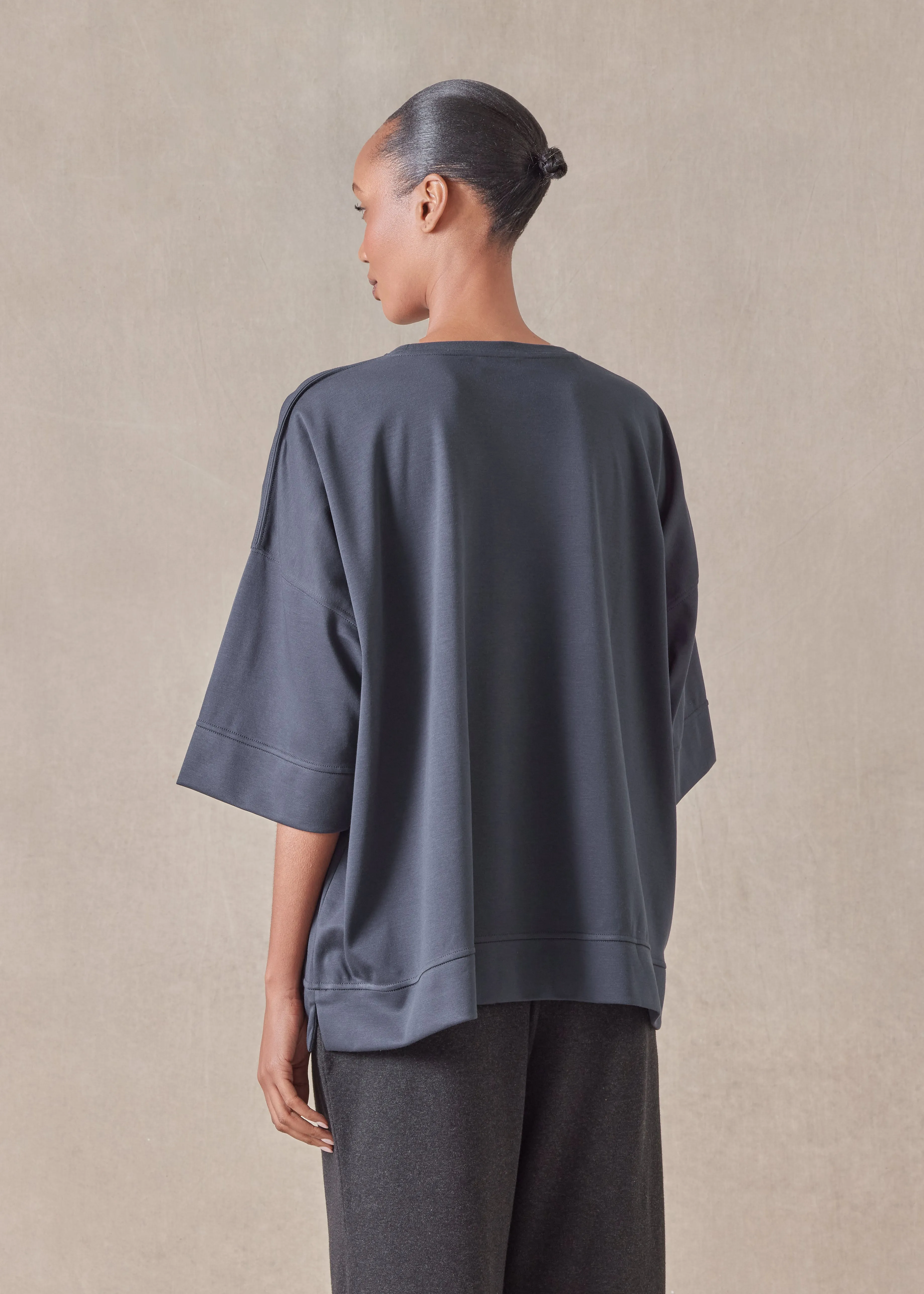 cotton jersey round neck 3/4 sleeve top with hembands - mid plus (navydark) sold by eskandar product image thumbnail 4