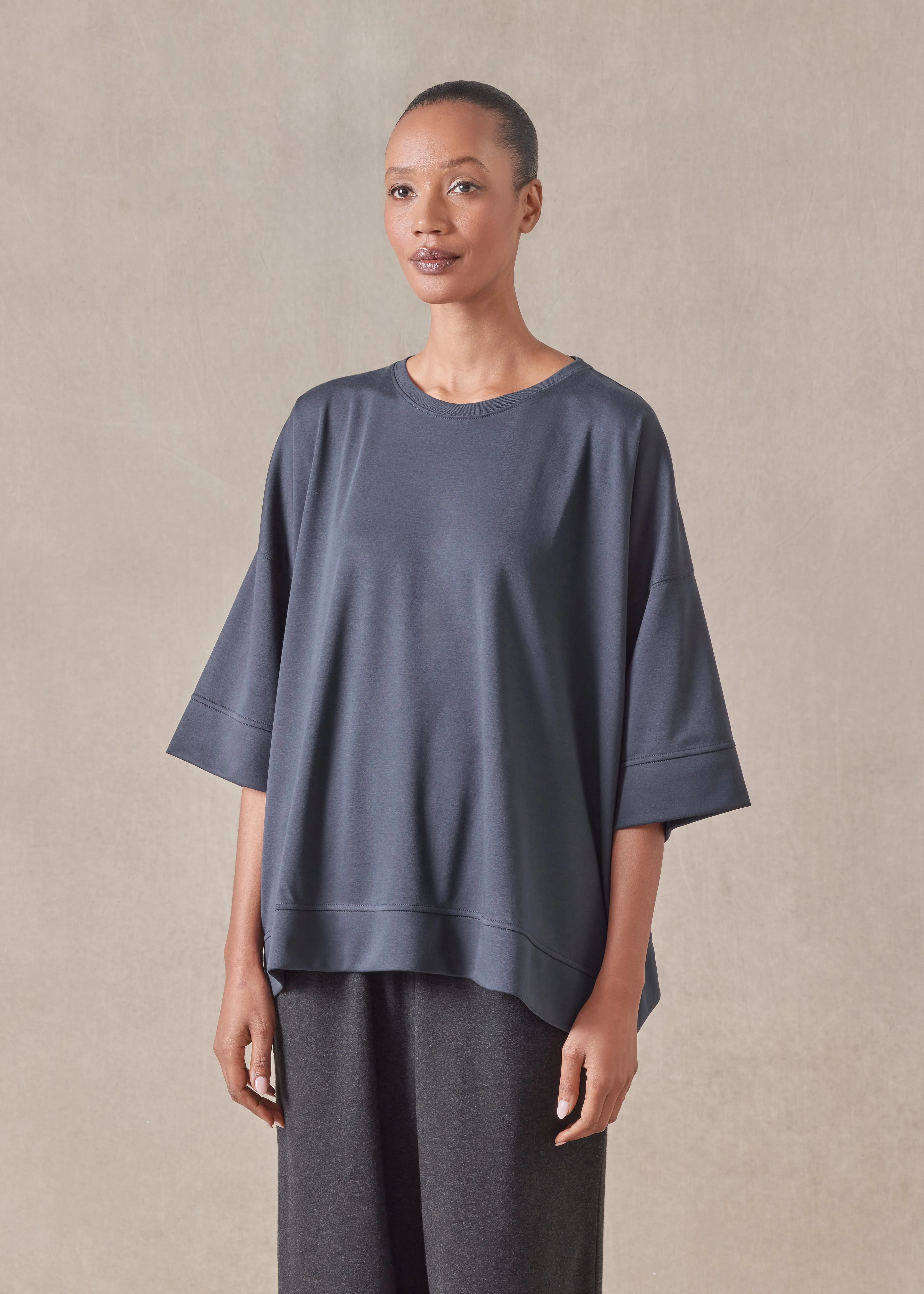 cotton jersey round neck 3/4 sleeve top with hembands - mid plus (navydark) sold by eskandar product image thumbnail 2