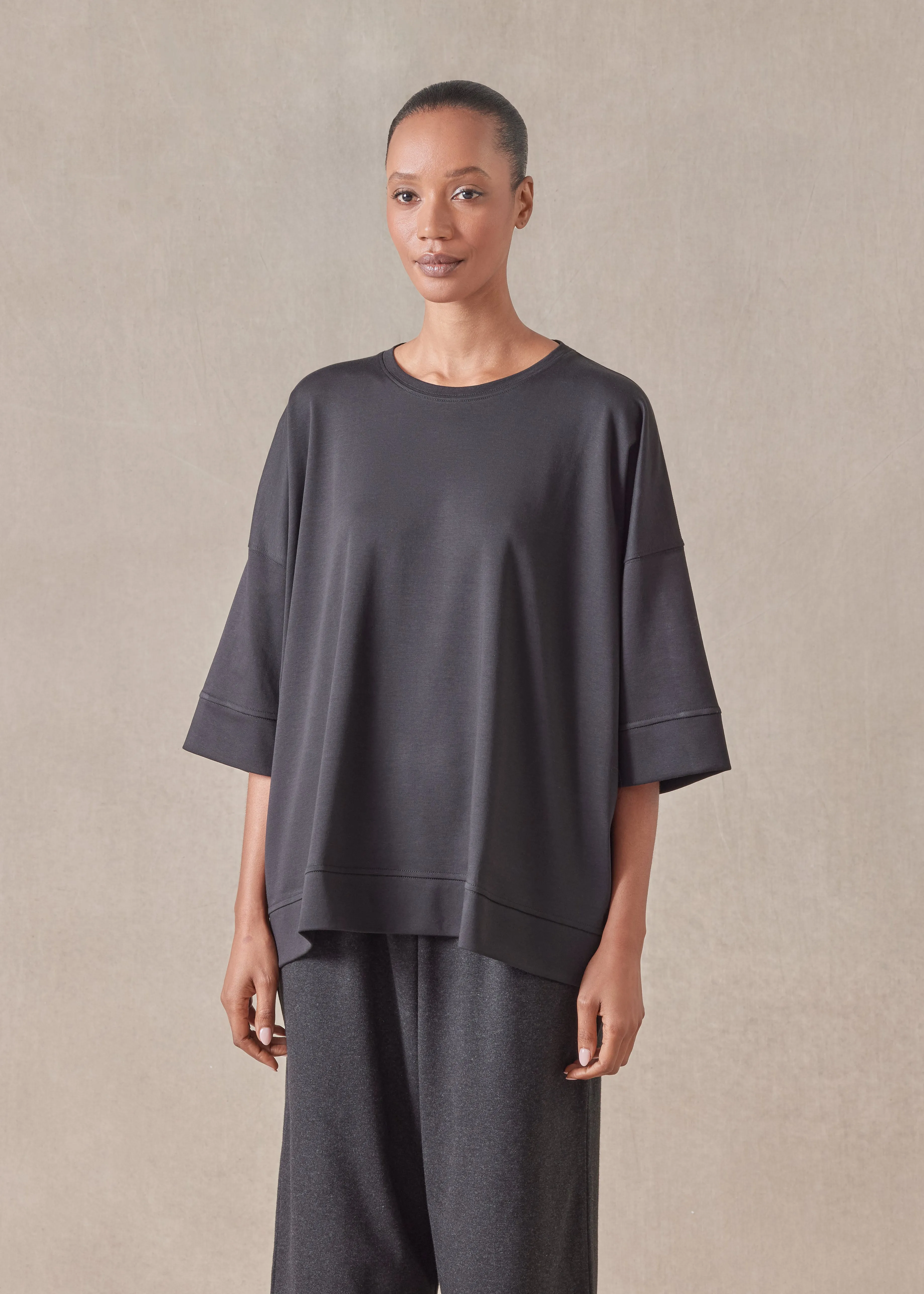 cotton jersey round neck 3/4 sleeve top with hembands - mid plus sold by eskandar product image thumbnail 2