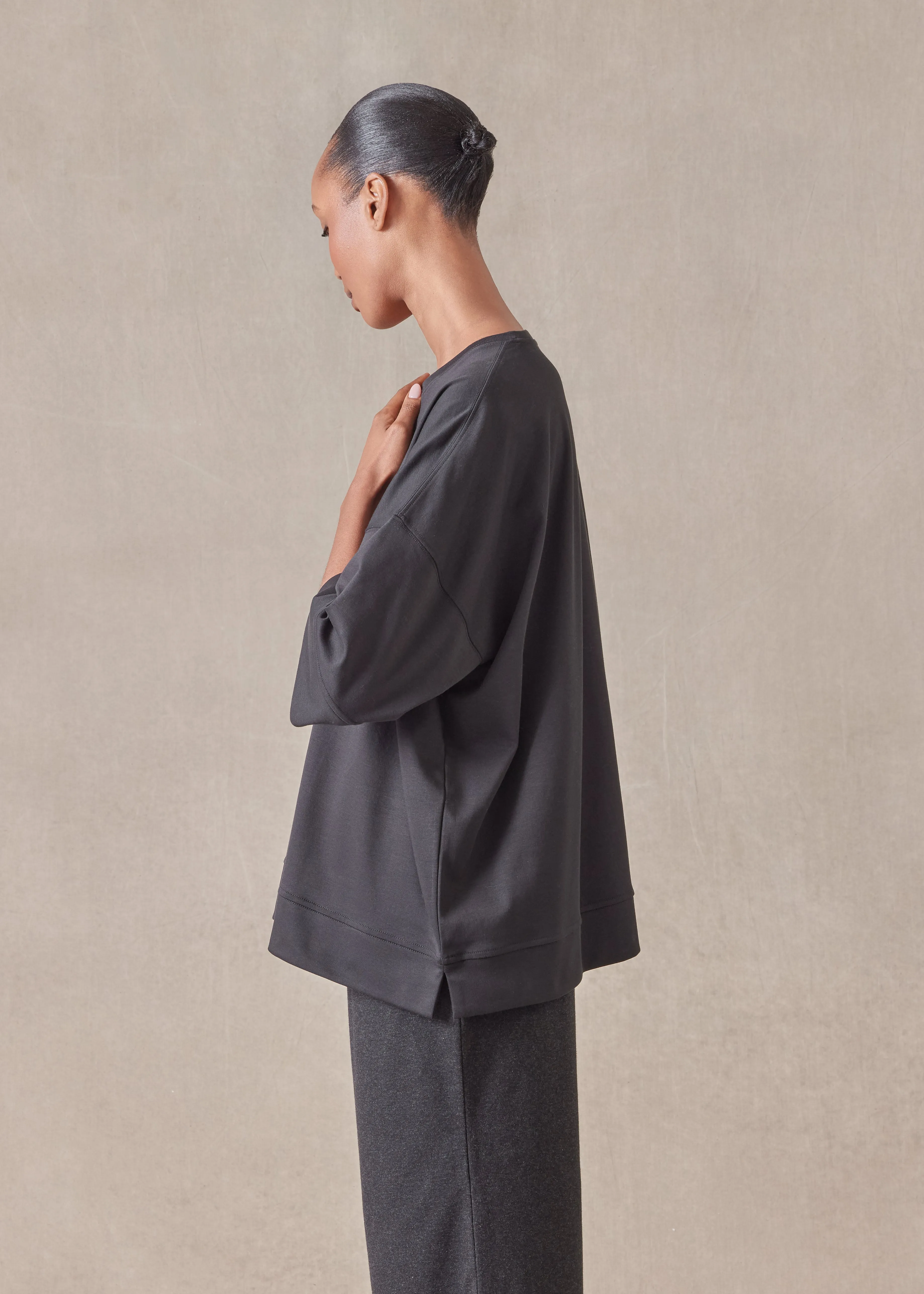 cotton jersey round neck 3/4 sleeve top with hembands - mid plus sold by eskandar product image thumbnail 3