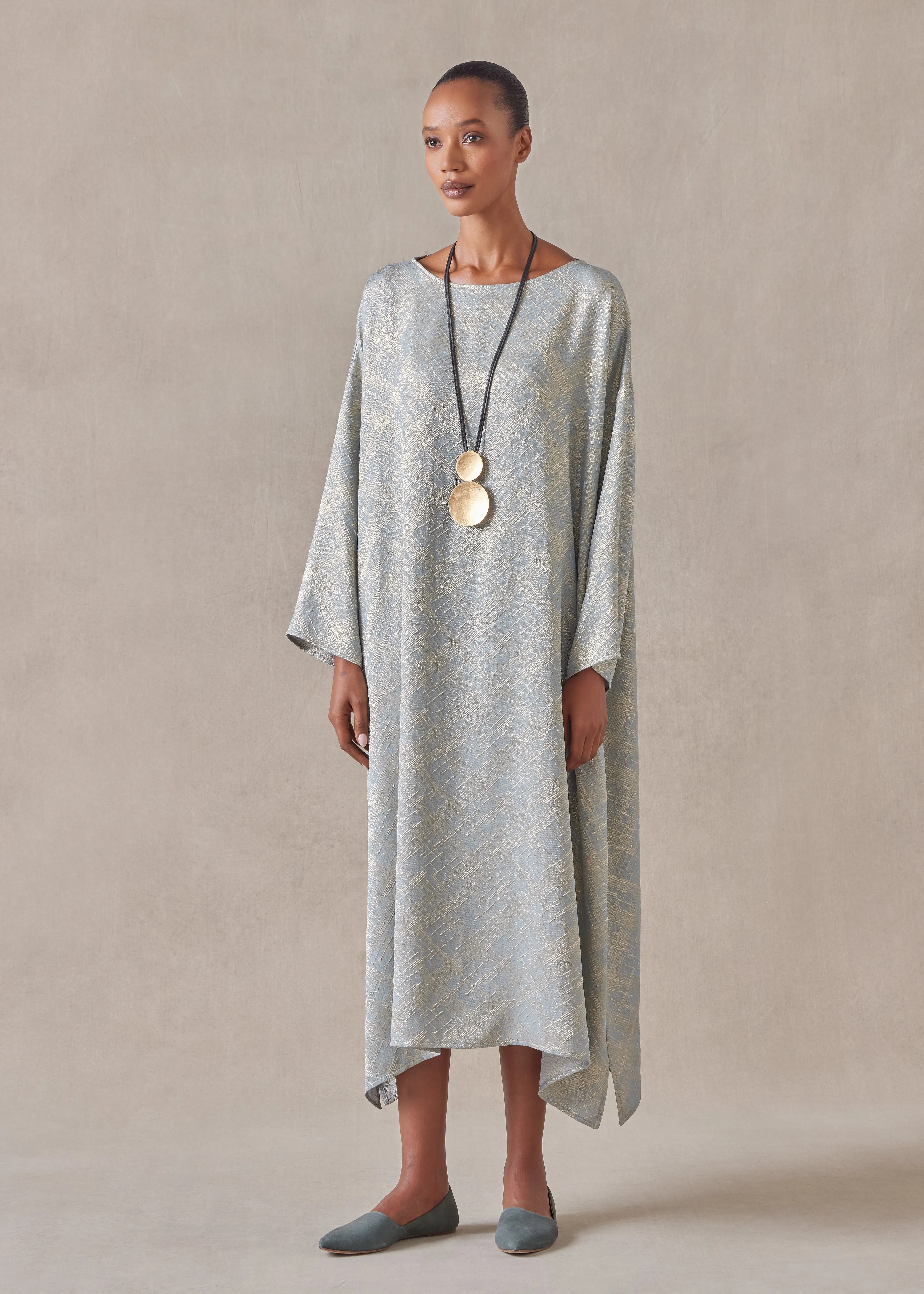 silk mix wide a-line scoop neck dress sold by eskandar