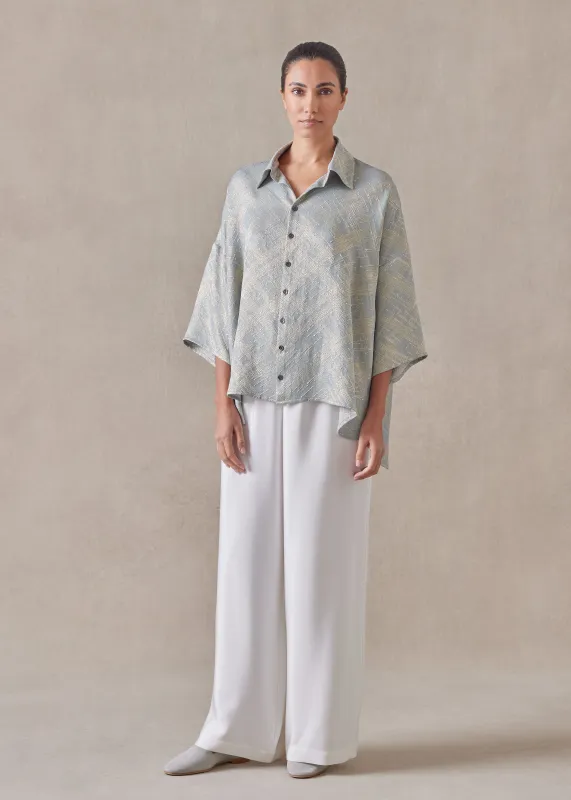 silk mix sloped shoulder wide a-line short sleeve shirt with collar - mid sold by eskandar