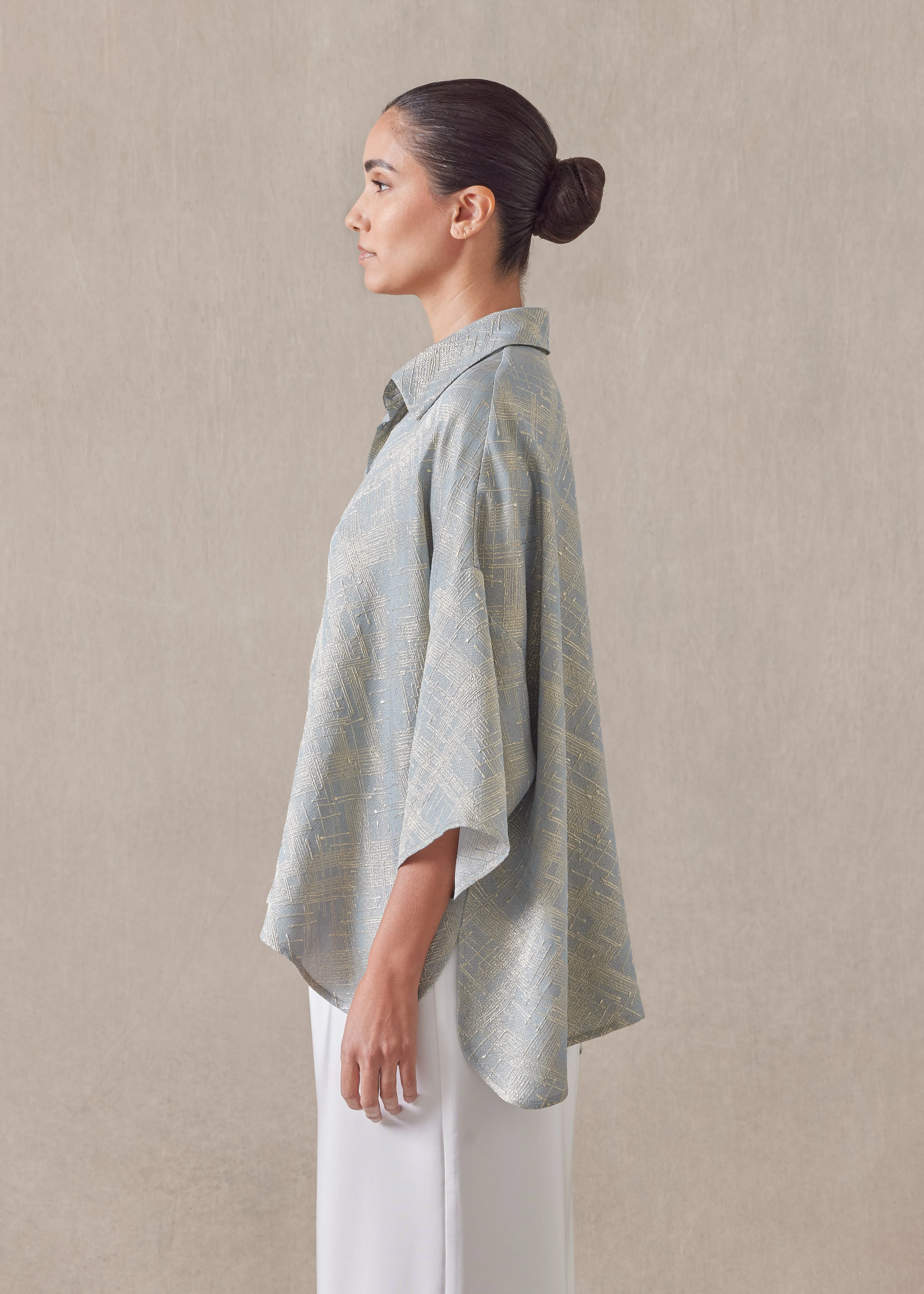 silk mix sloped shoulder wide a-line short sleeve shirt with collar - mid sold by eskandar product image thumbnail 2