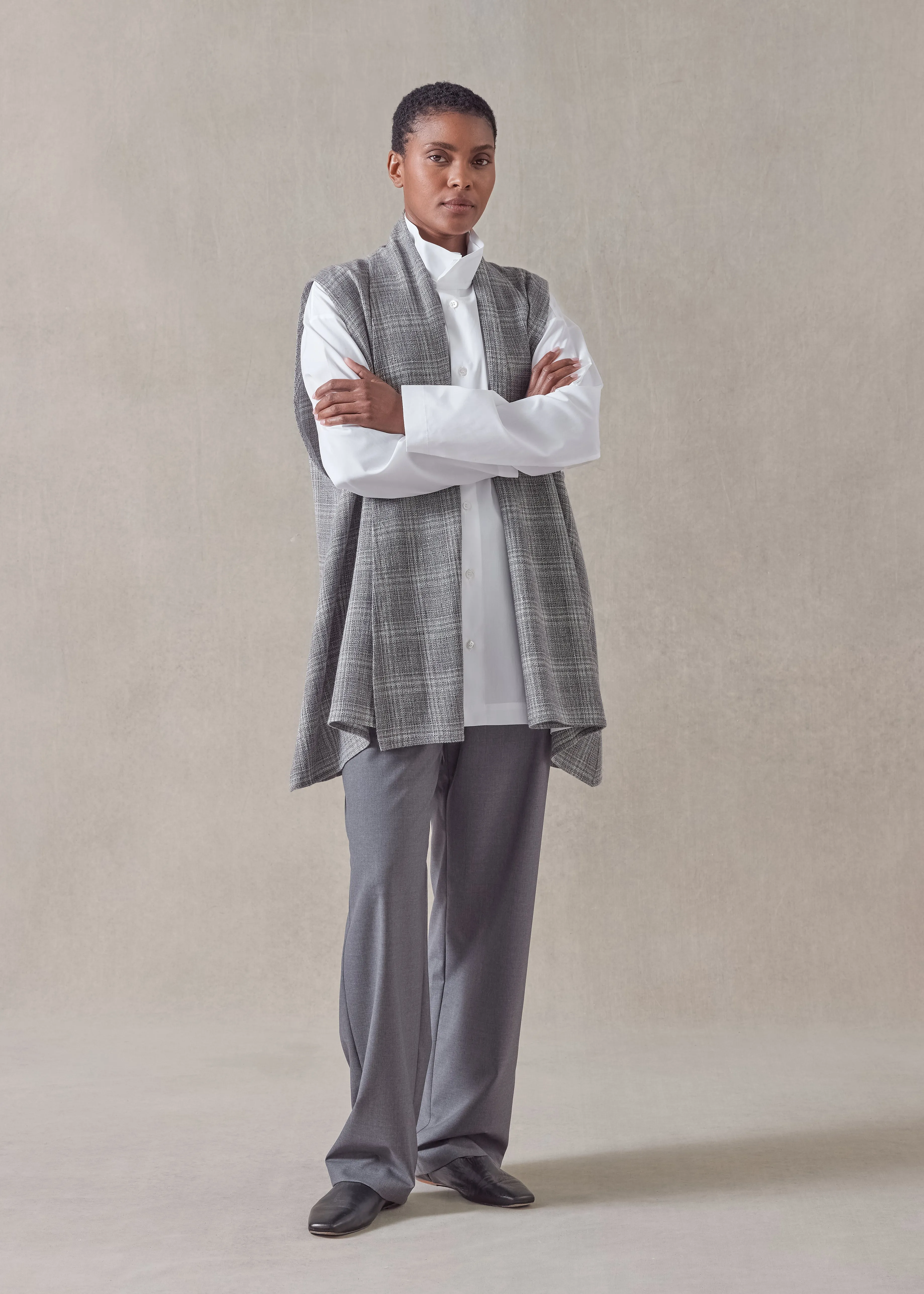 wool linen mix a-line scrunch shawl collar waistcoat - long sold by eskandar
