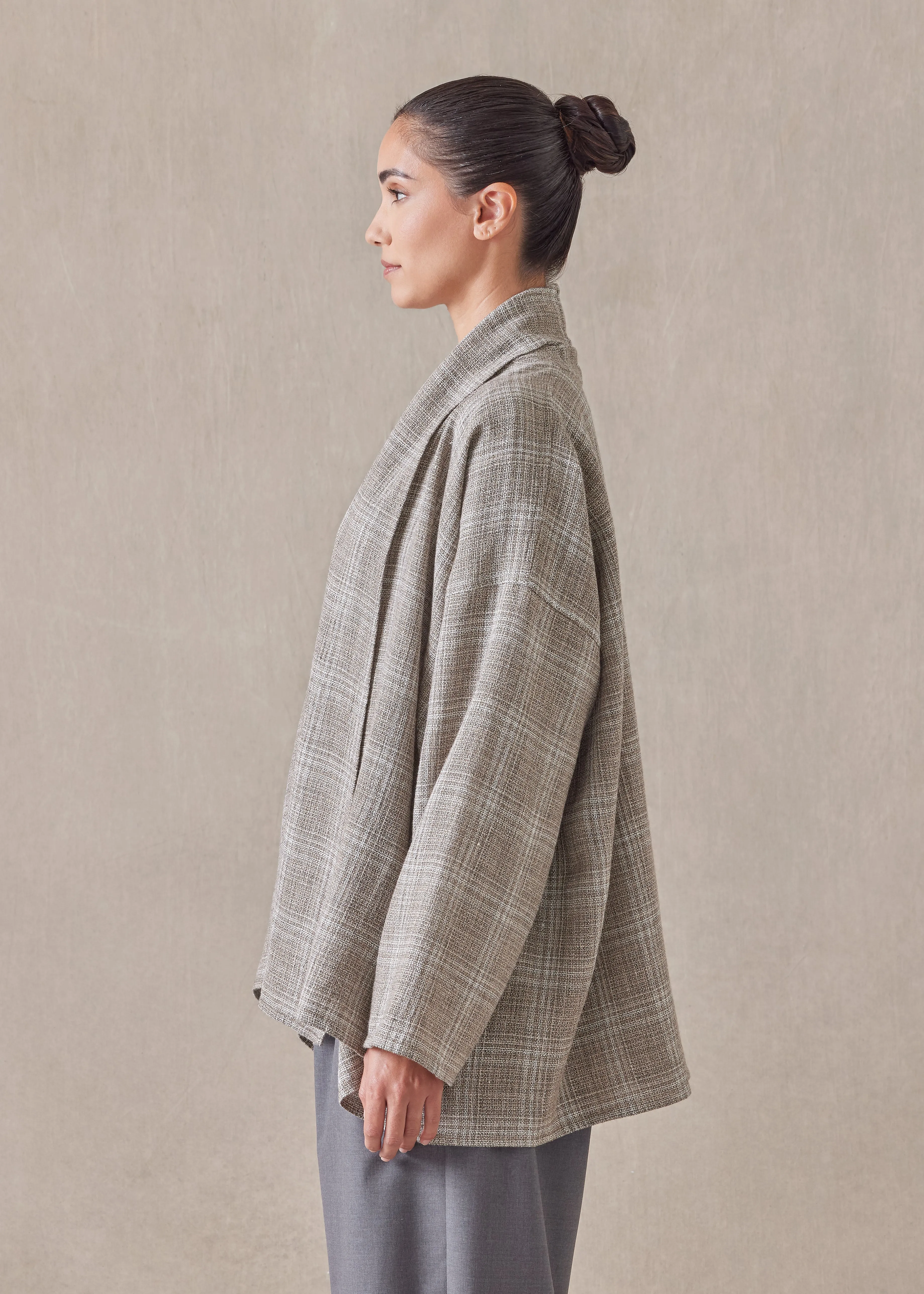 wool linen mix wide a-line scrunch shawl collar jacket - mid plus sold by eskandar product image thumbnail 2