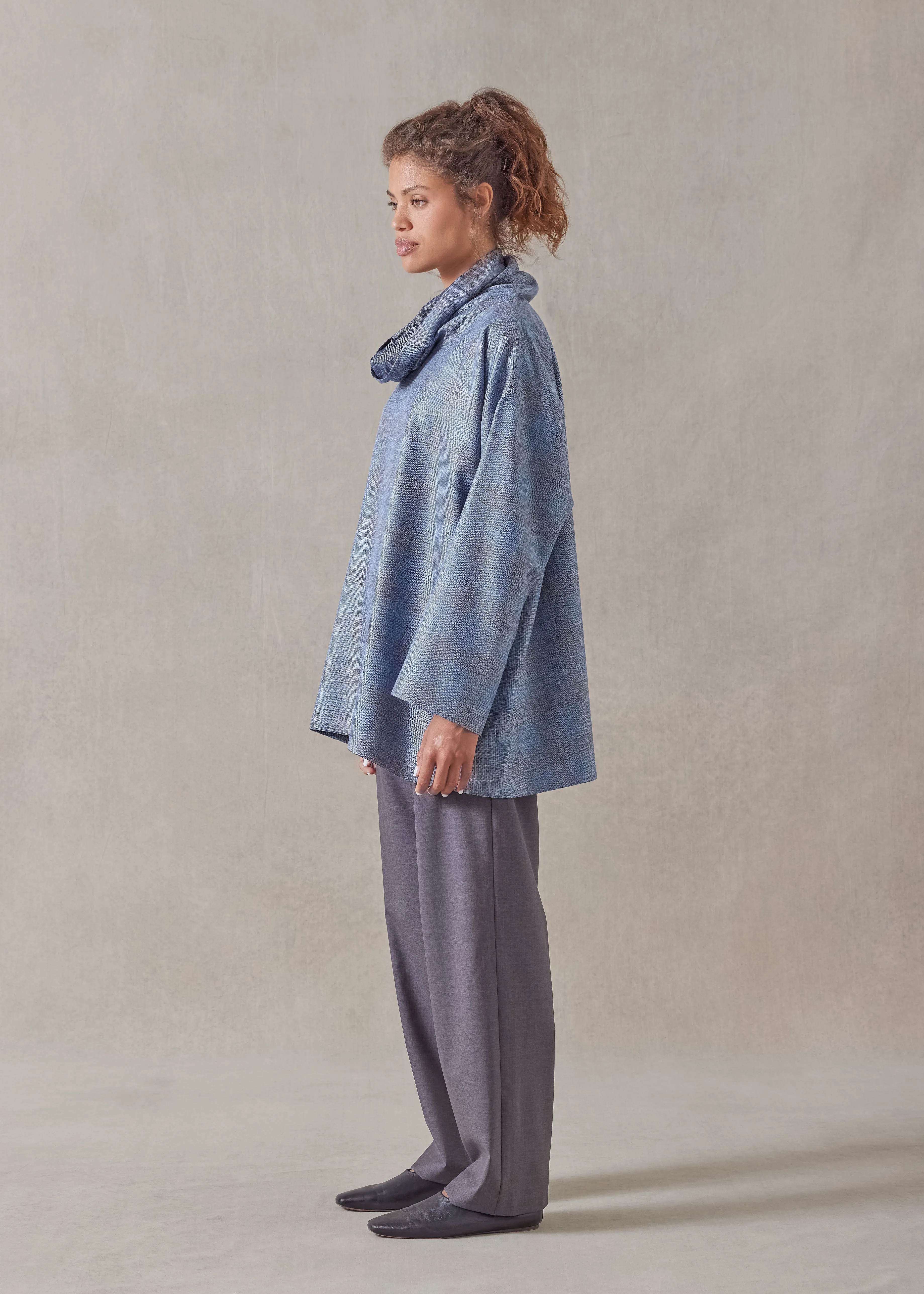 silk linen wool mix angled to front monks top - long (fadedblue) sold by eskandar product image thumbnail 3