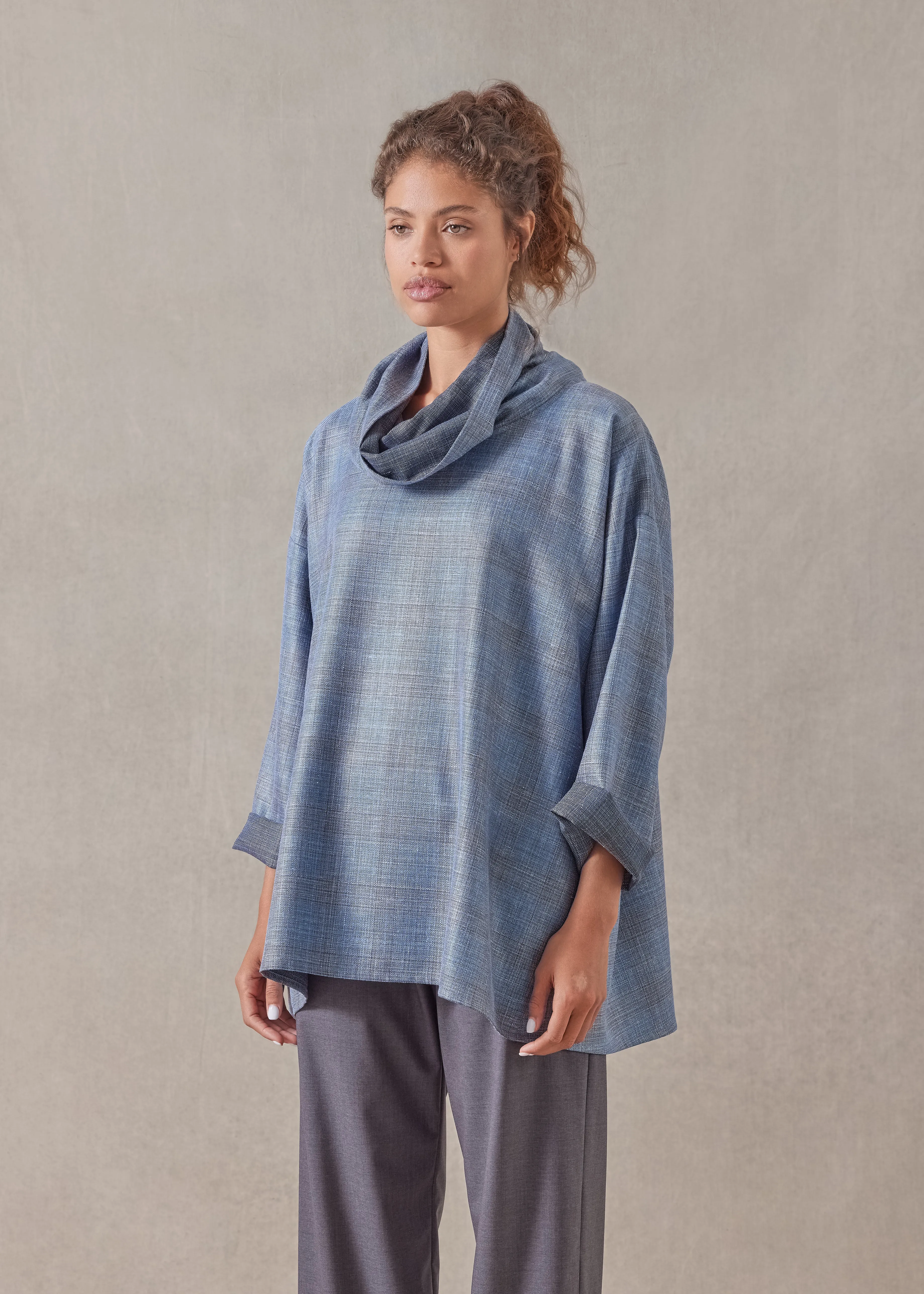 silk linen wool mix angled to front monks top - long (fadedblue) sold by eskandar product image thumbnail 2