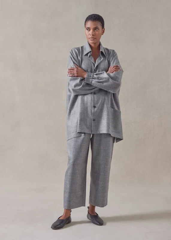 silk linen wool mix  wide a-line shirt jacket with collar - long sold by eskandar