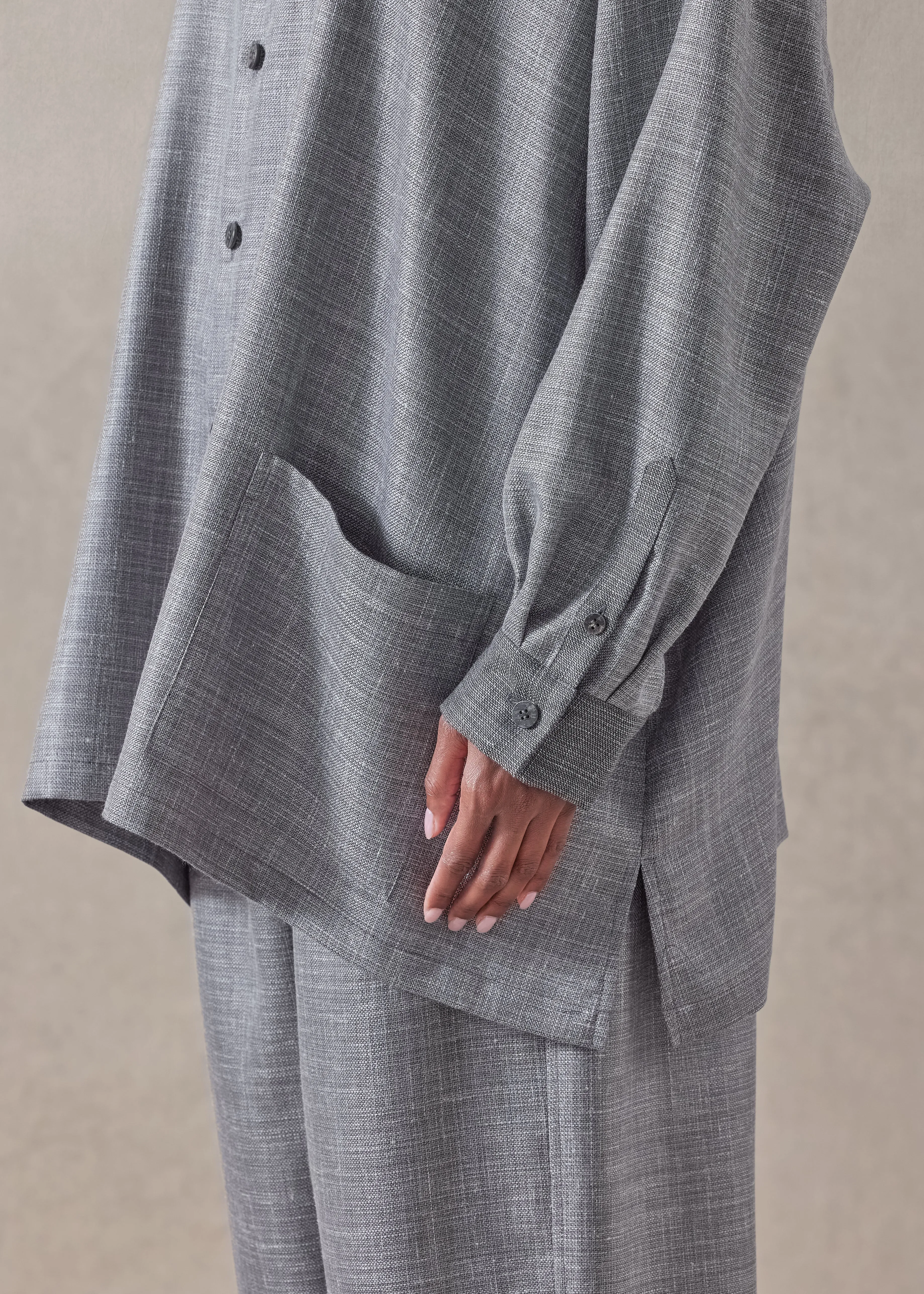 silk linen wool mix wide a-line shirt jacket with collar - long sold by eskandar product image thumbnail 4