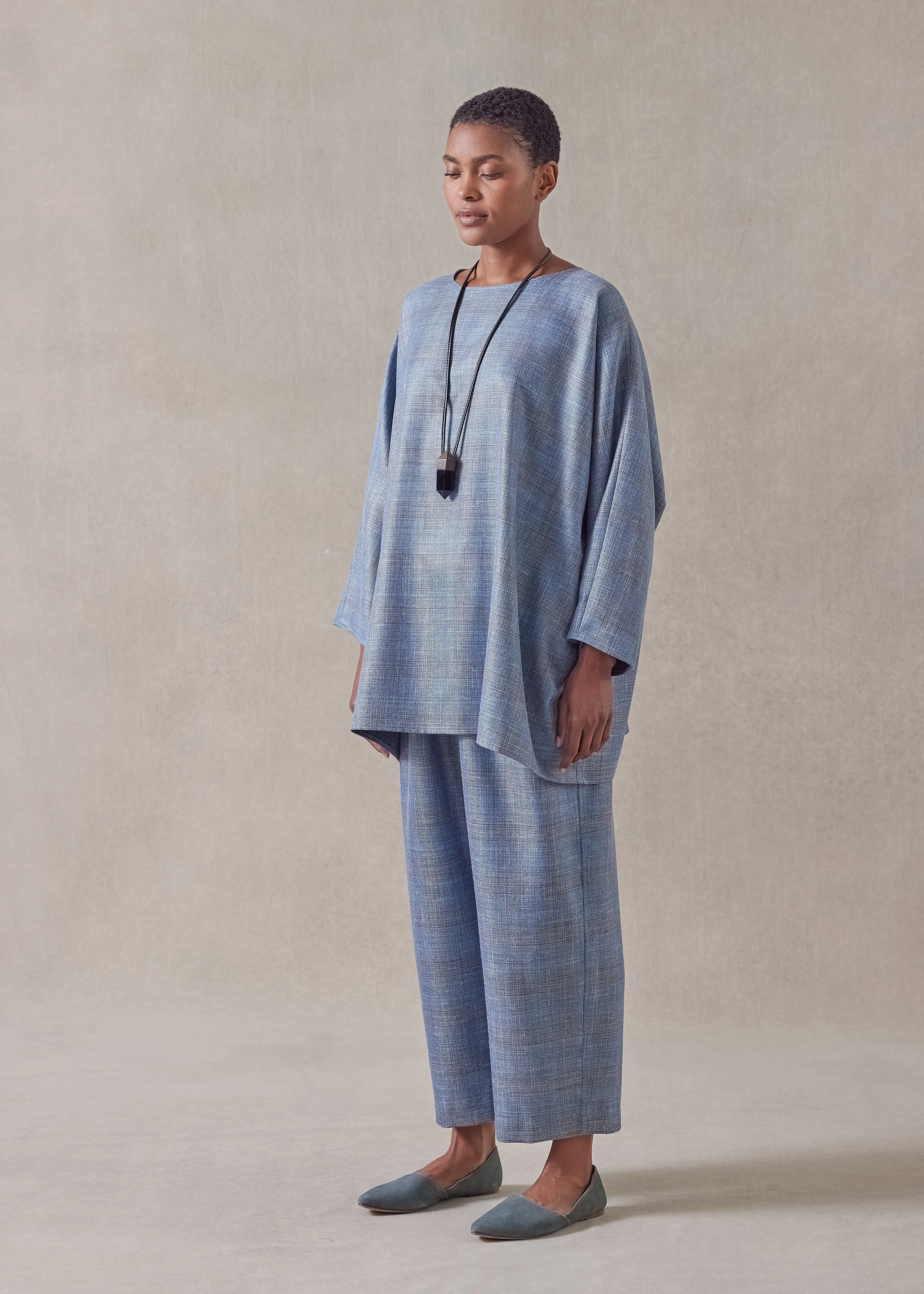silk linen wool mix boat neck top - long (fadedblue) sold by eskandar
