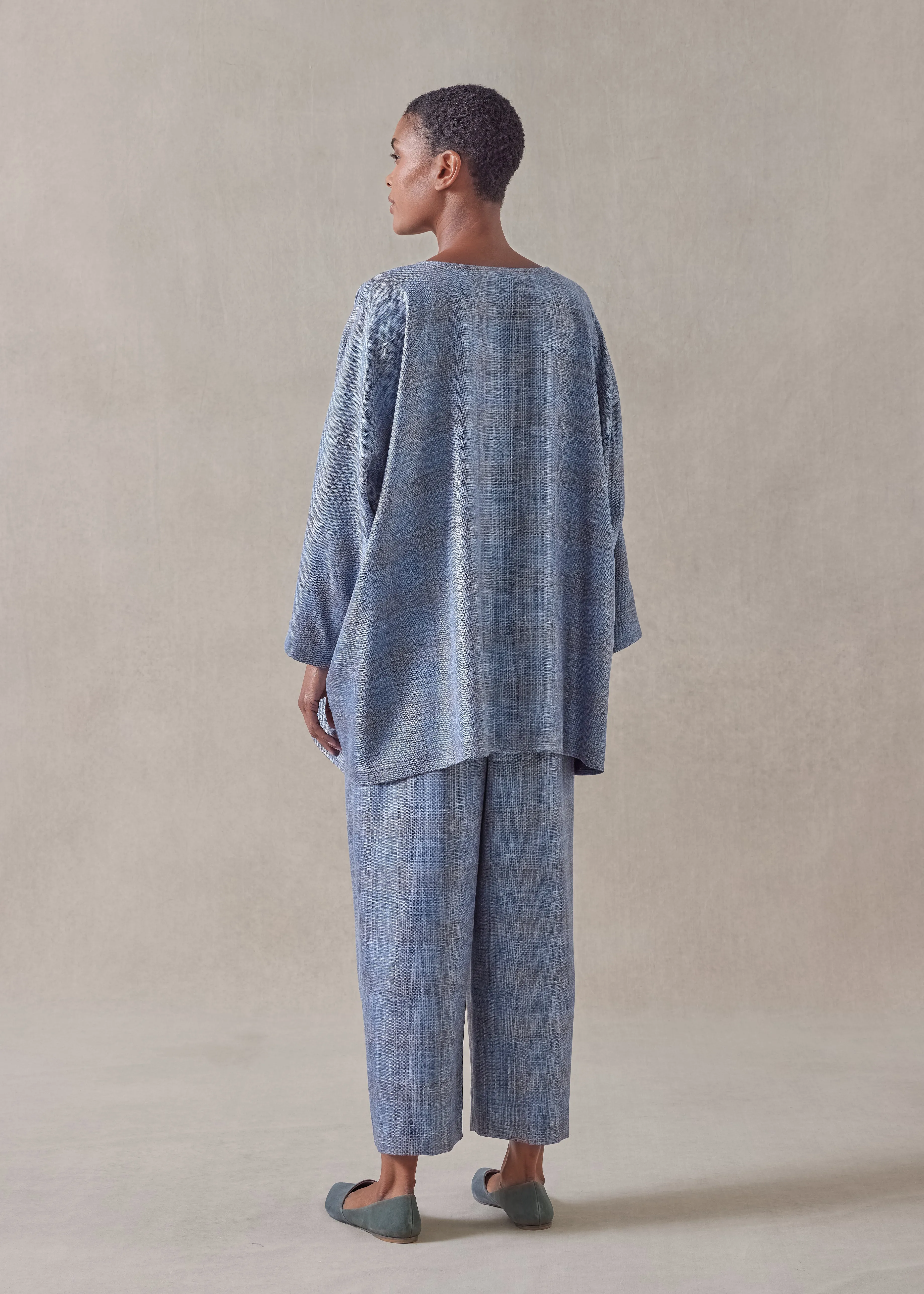 silk linen wool mix boat neck top - long (fadedblue) sold by eskandar product image thumbnail 3