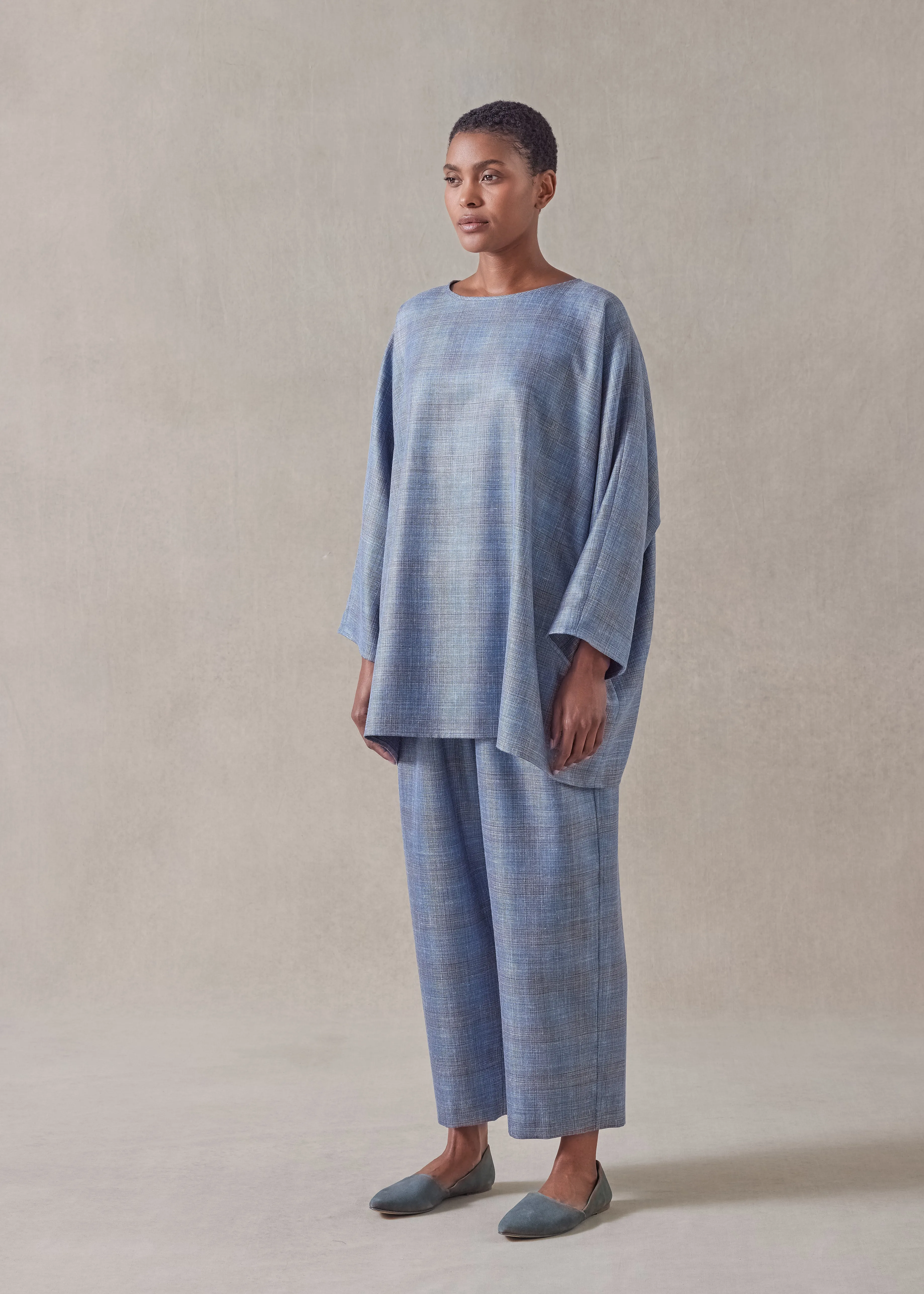 silk linen wool mix boat neck top - long (fadedblue) sold by eskandar product image thumbnail 2