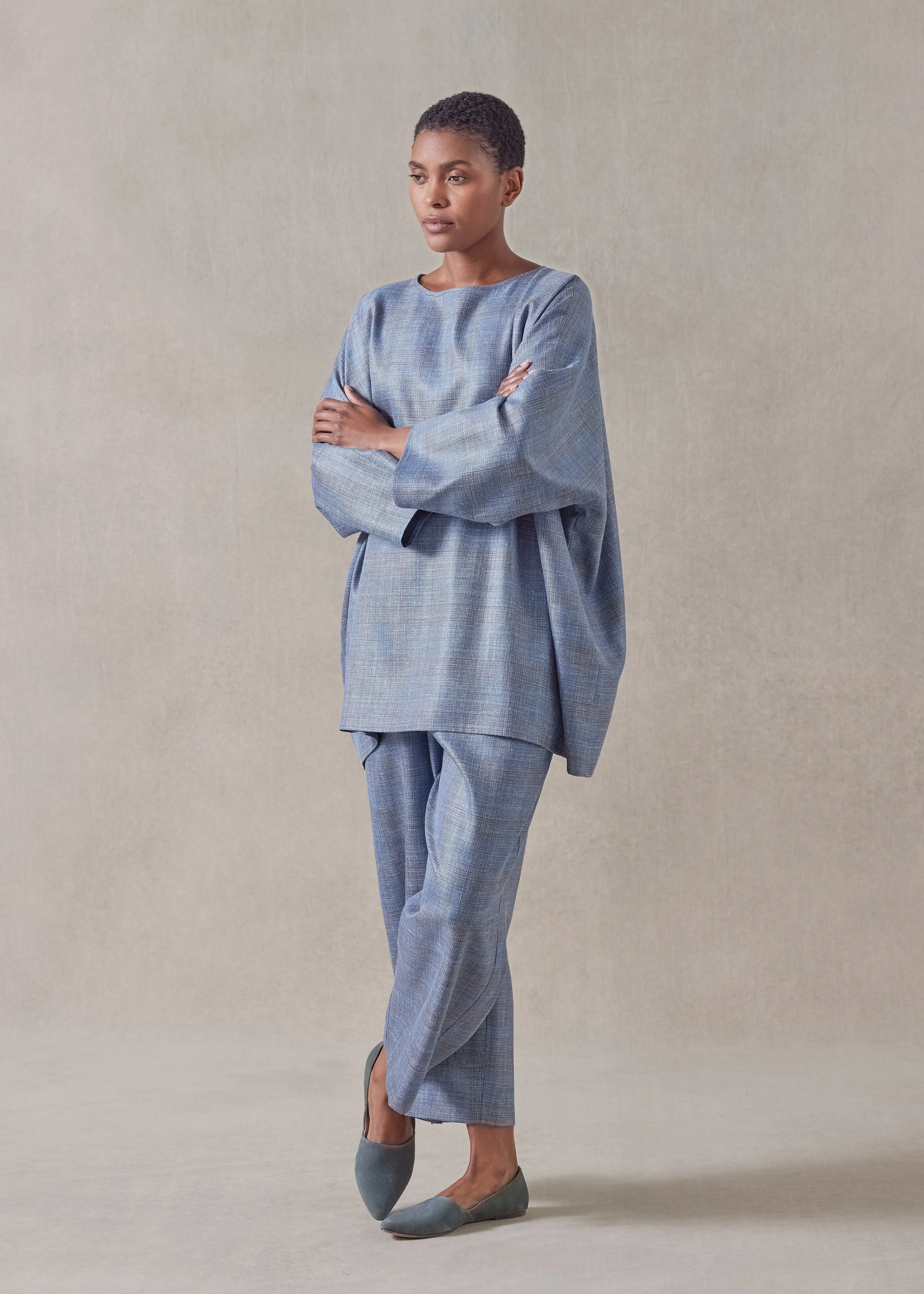 silk linen wool mix boat neck top - long (fadedblue) sold by eskandar product image thumbnail 4