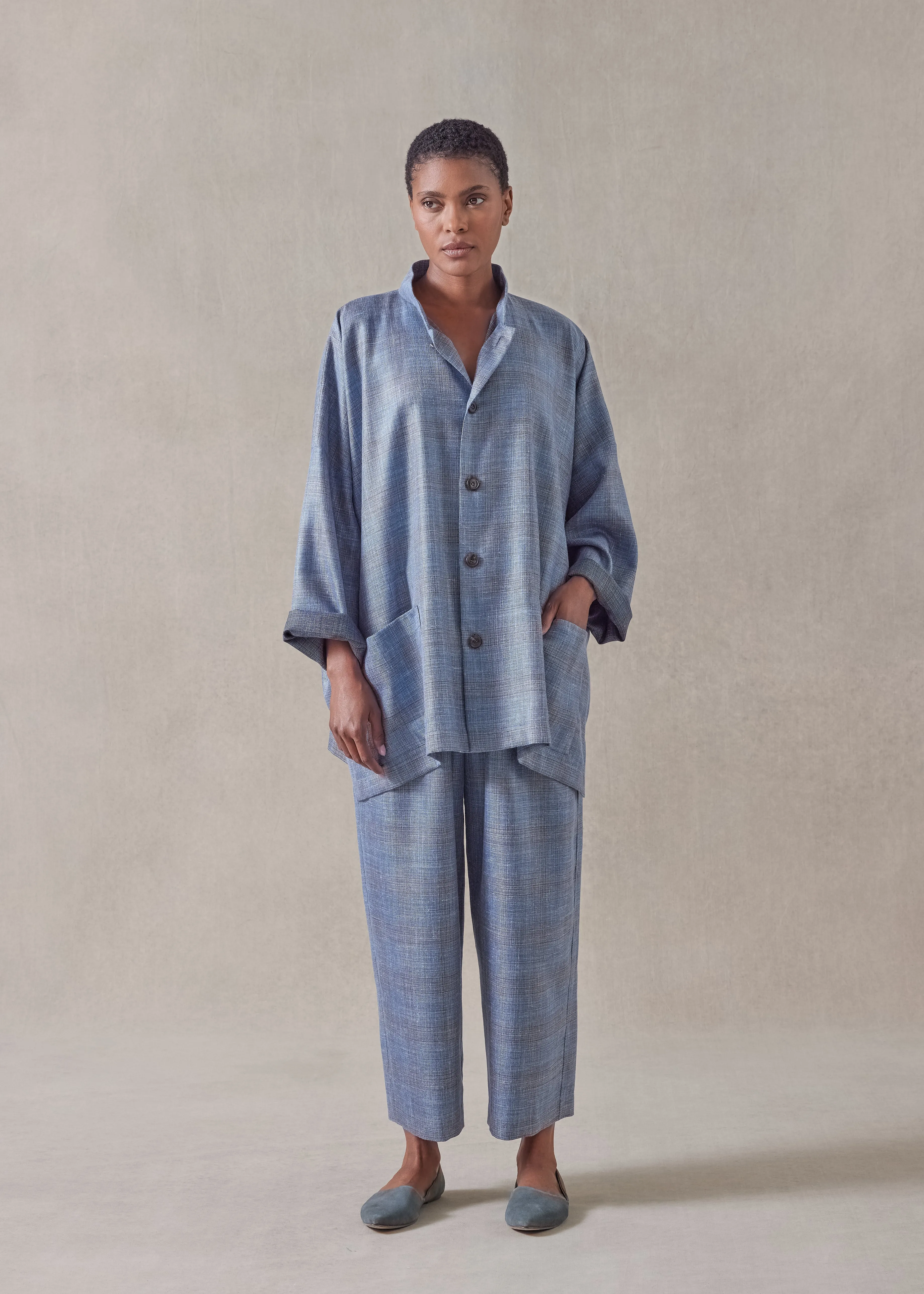 silk linen wool mix wide mandarin jacket - long (fadedblue) sold by eskandar