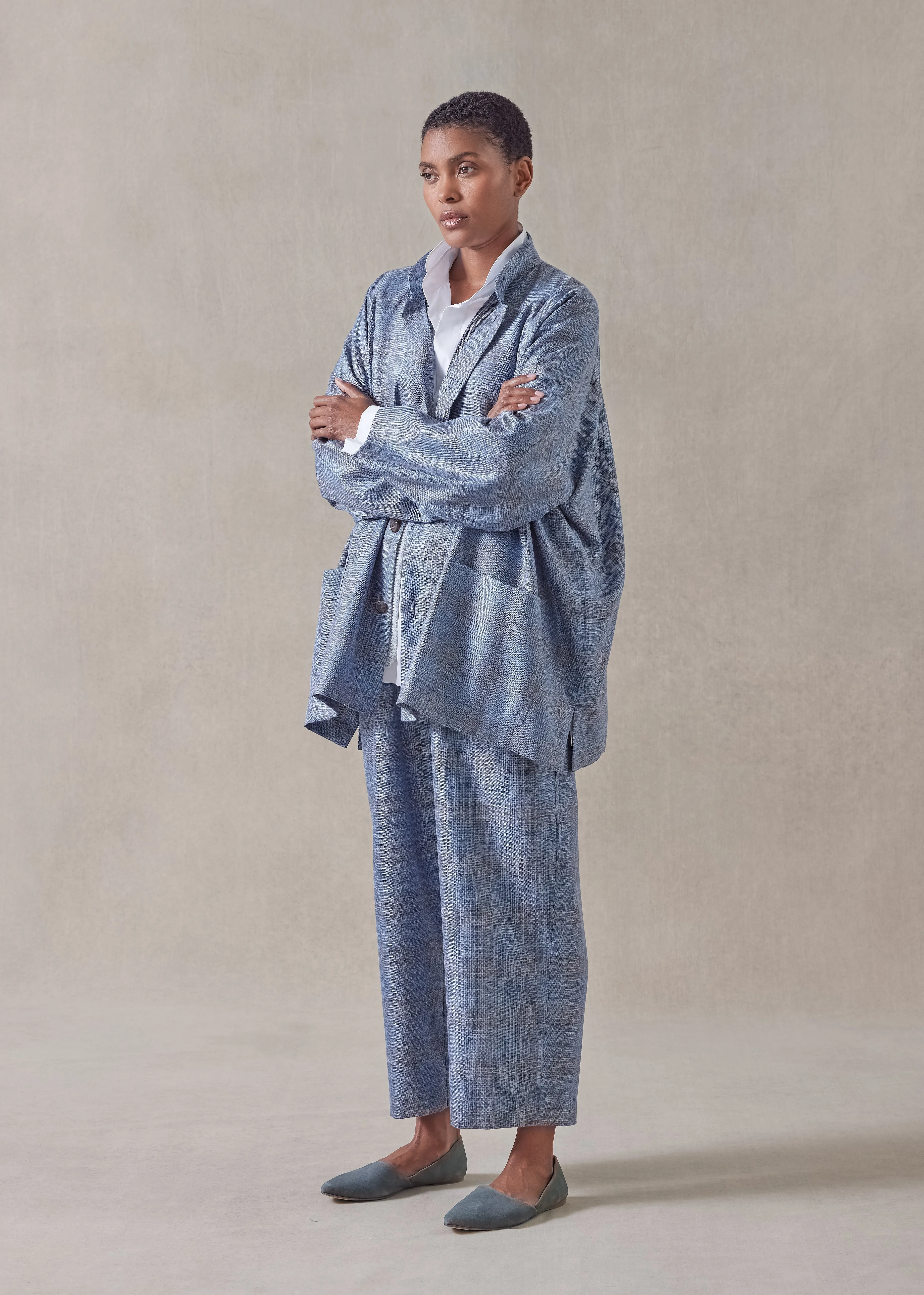 silk linen wool mix wide mandarin jacket - long (fadedblue) sold by eskandar product image thumbnail 2