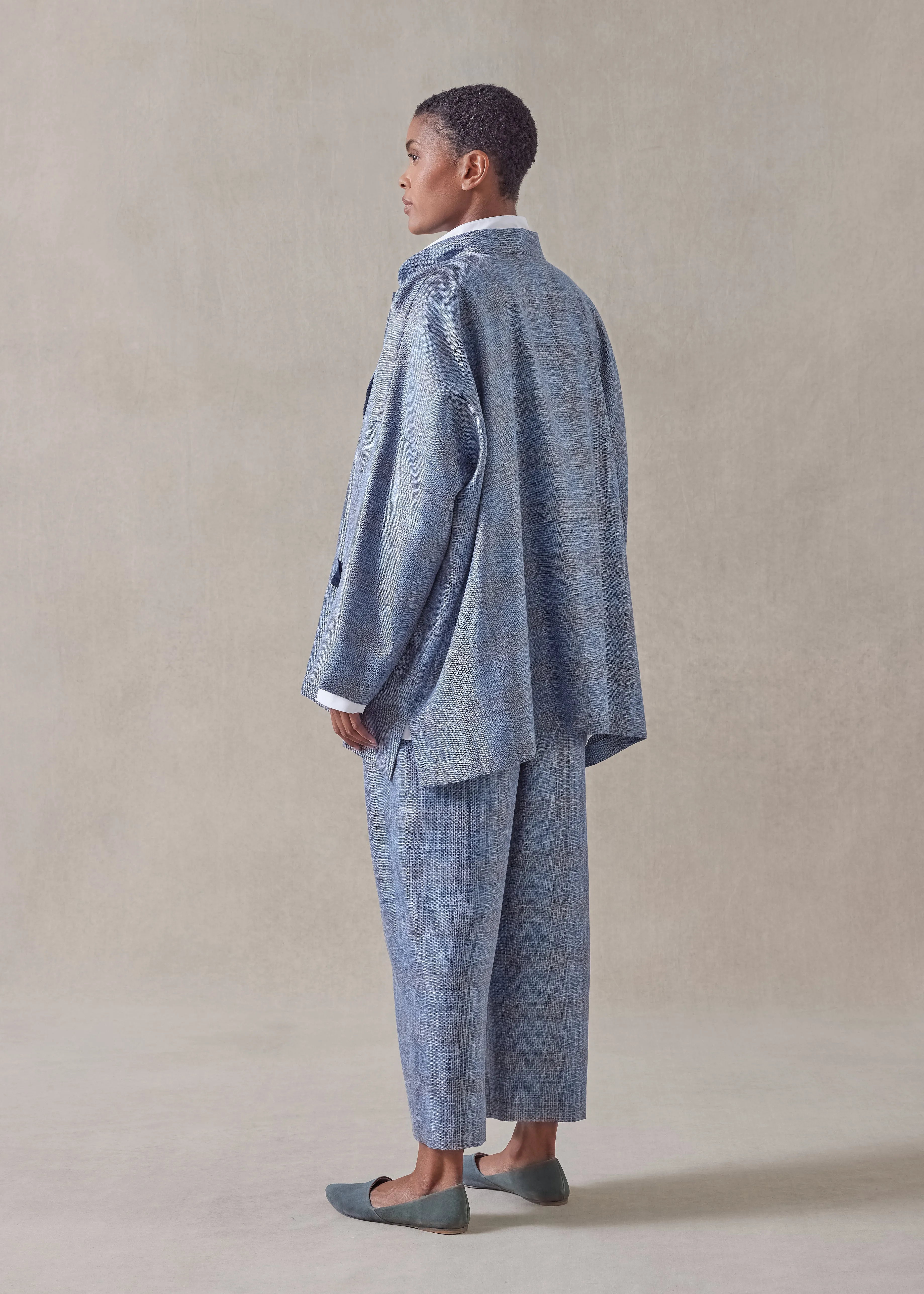 silk linen wool mix wide mandarin jacket - long (fadedblue) sold by eskandar product image thumbnail 4