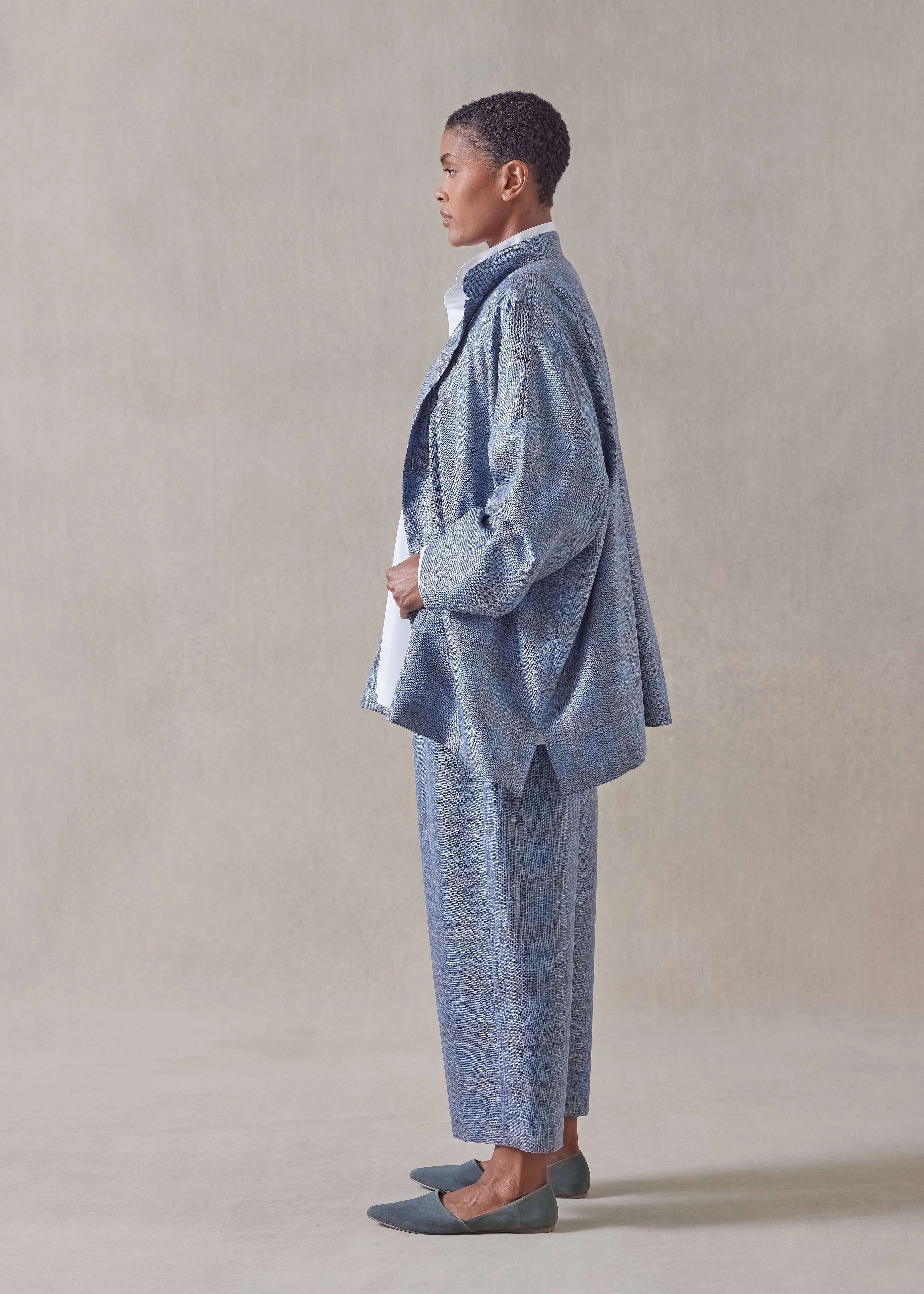 silk linen wool mix wide mandarin jacket - long (fadedblue) sold by eskandar product image thumbnail 3