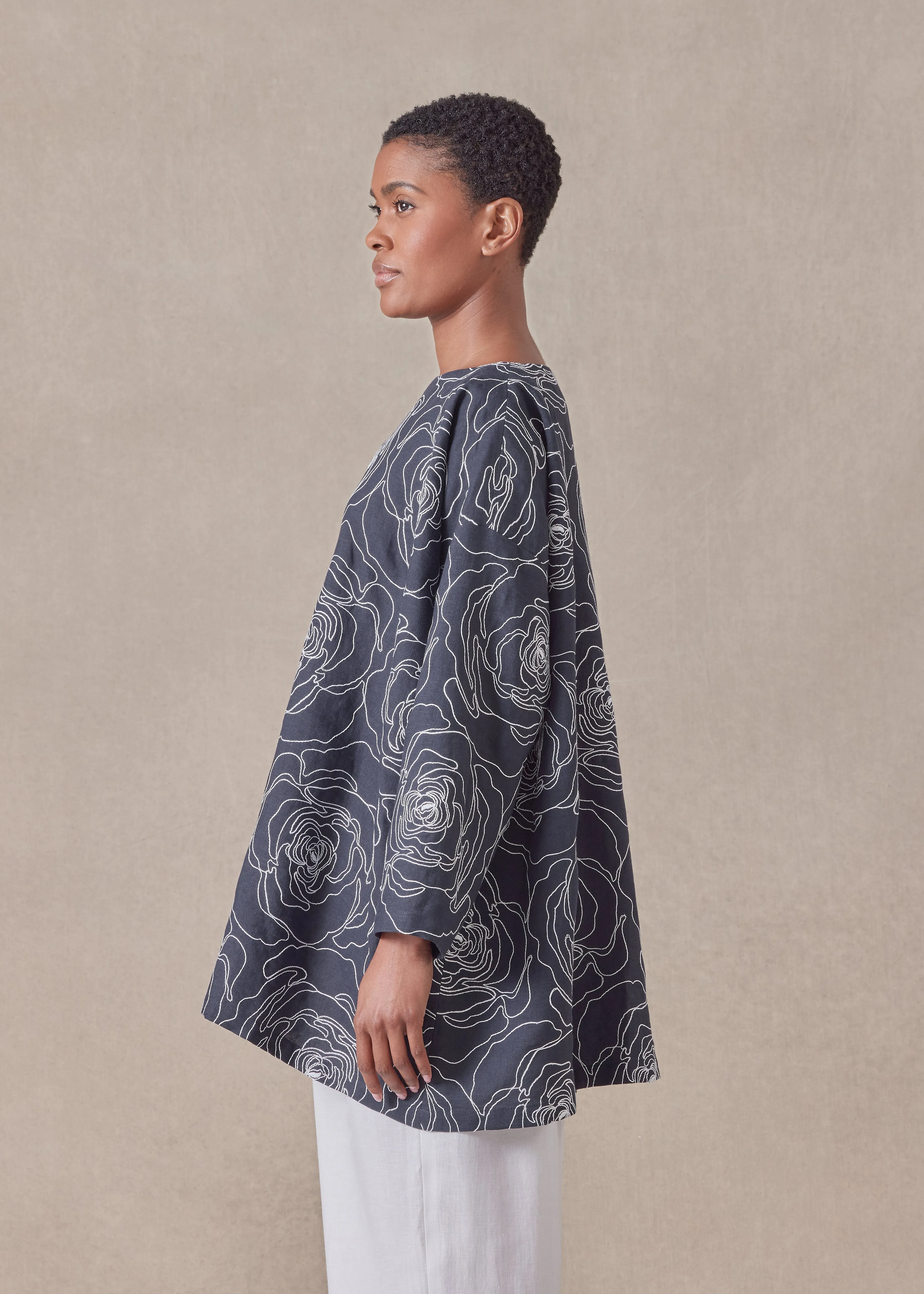 embroidered linen wide a-line scoop neck tunic - long sold by eskandar product image thumbnail 3