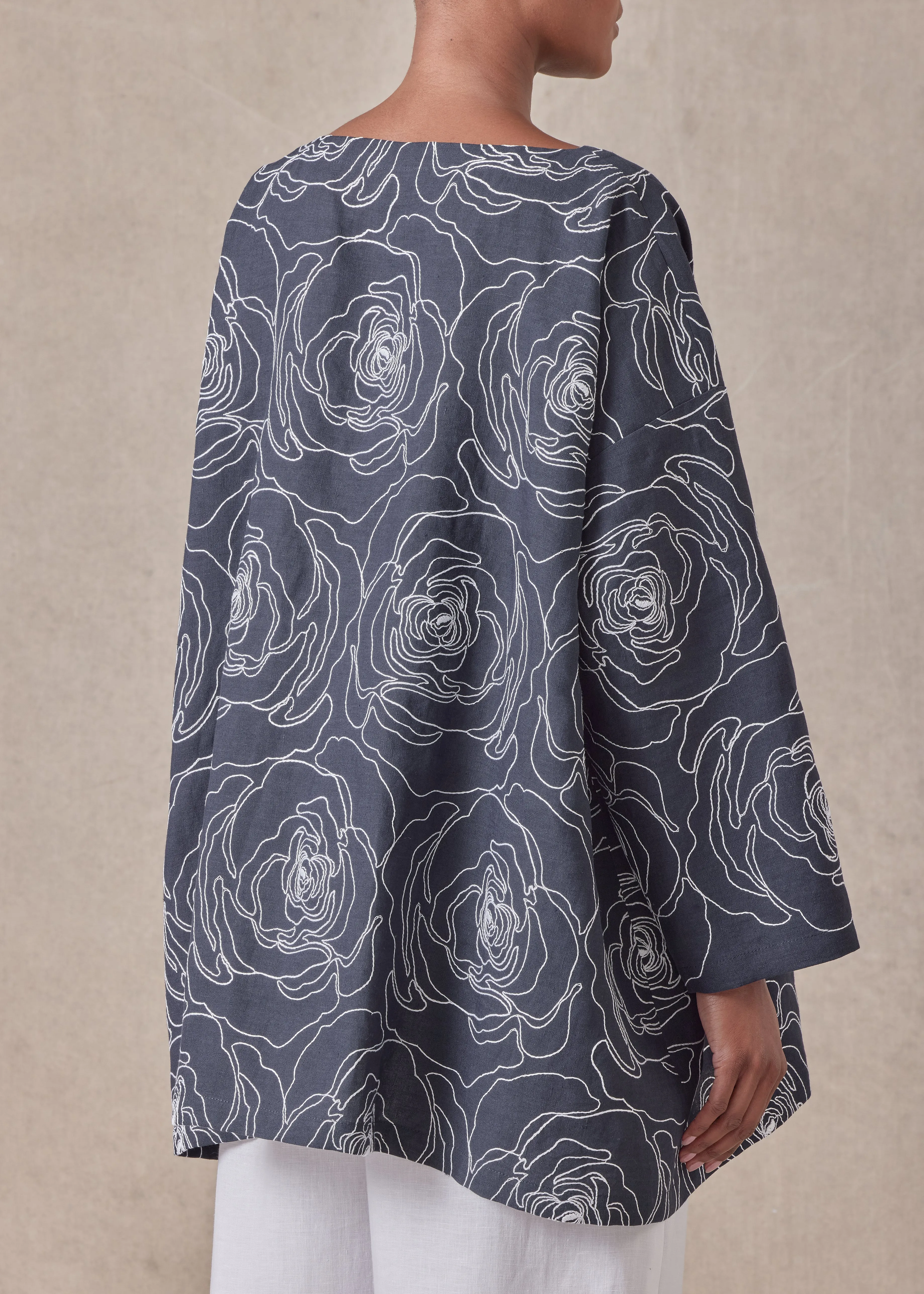 embroidered linen wide a-line scoop neck tunic - long sold by eskandar product image thumbnail 5