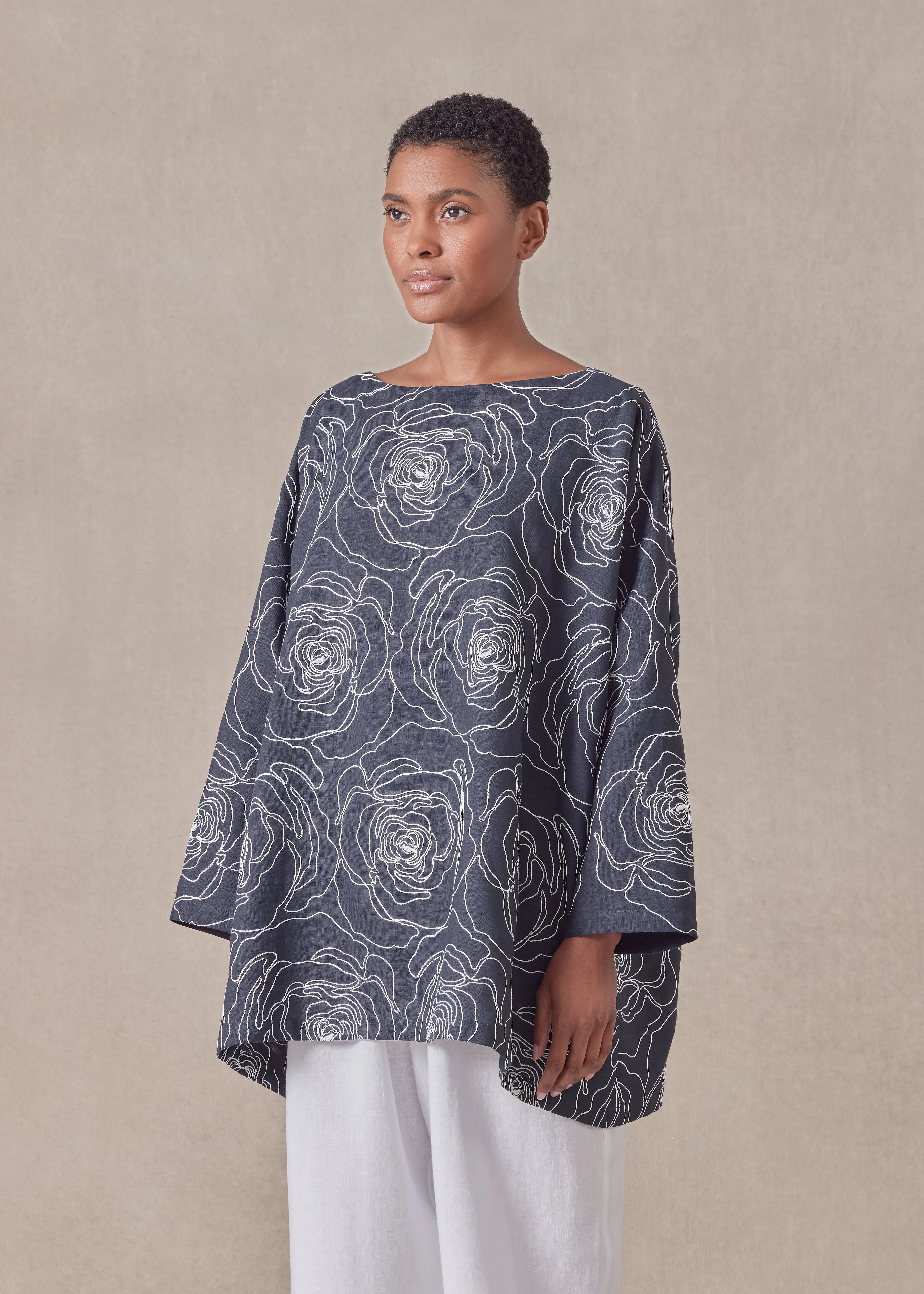 embroidered linen wide a-line scoop neck tunic - long sold by eskandar product image thumbnail 2