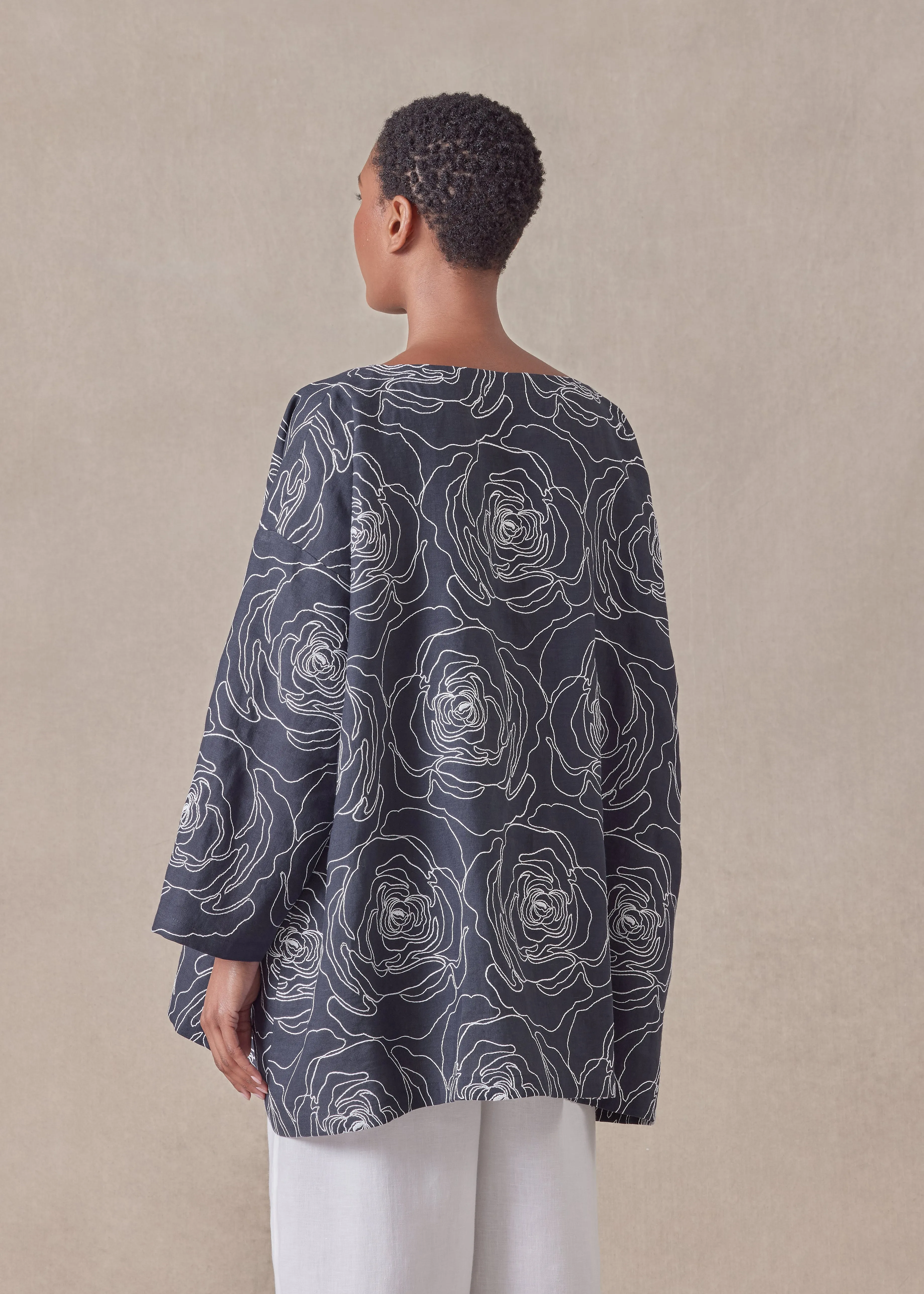 embroidered linen wide a-line scoop neck tunic - long sold by eskandar product image thumbnail 4