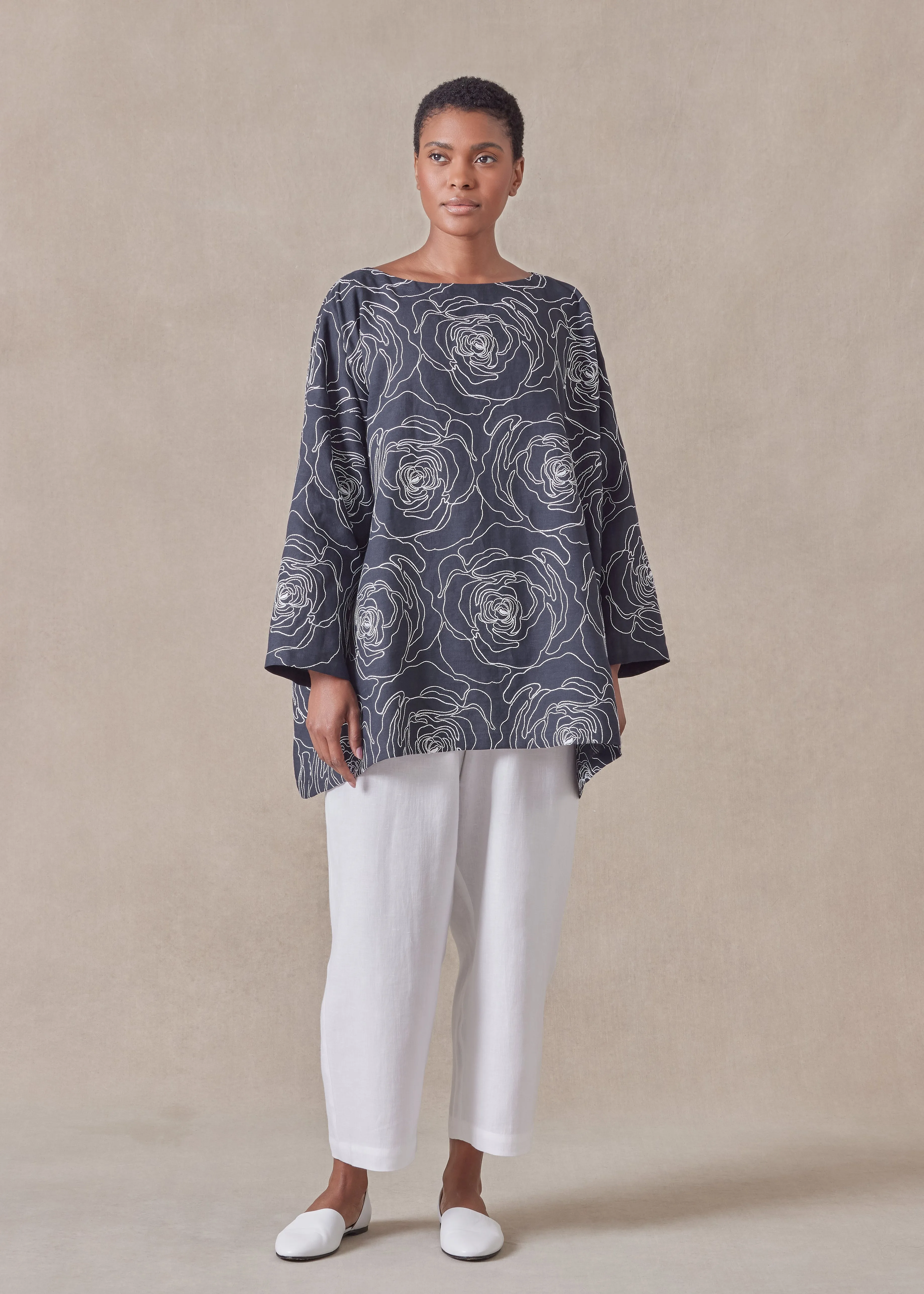 embroidered linen wide a-line scoop neck tunic - long sold by eskandar