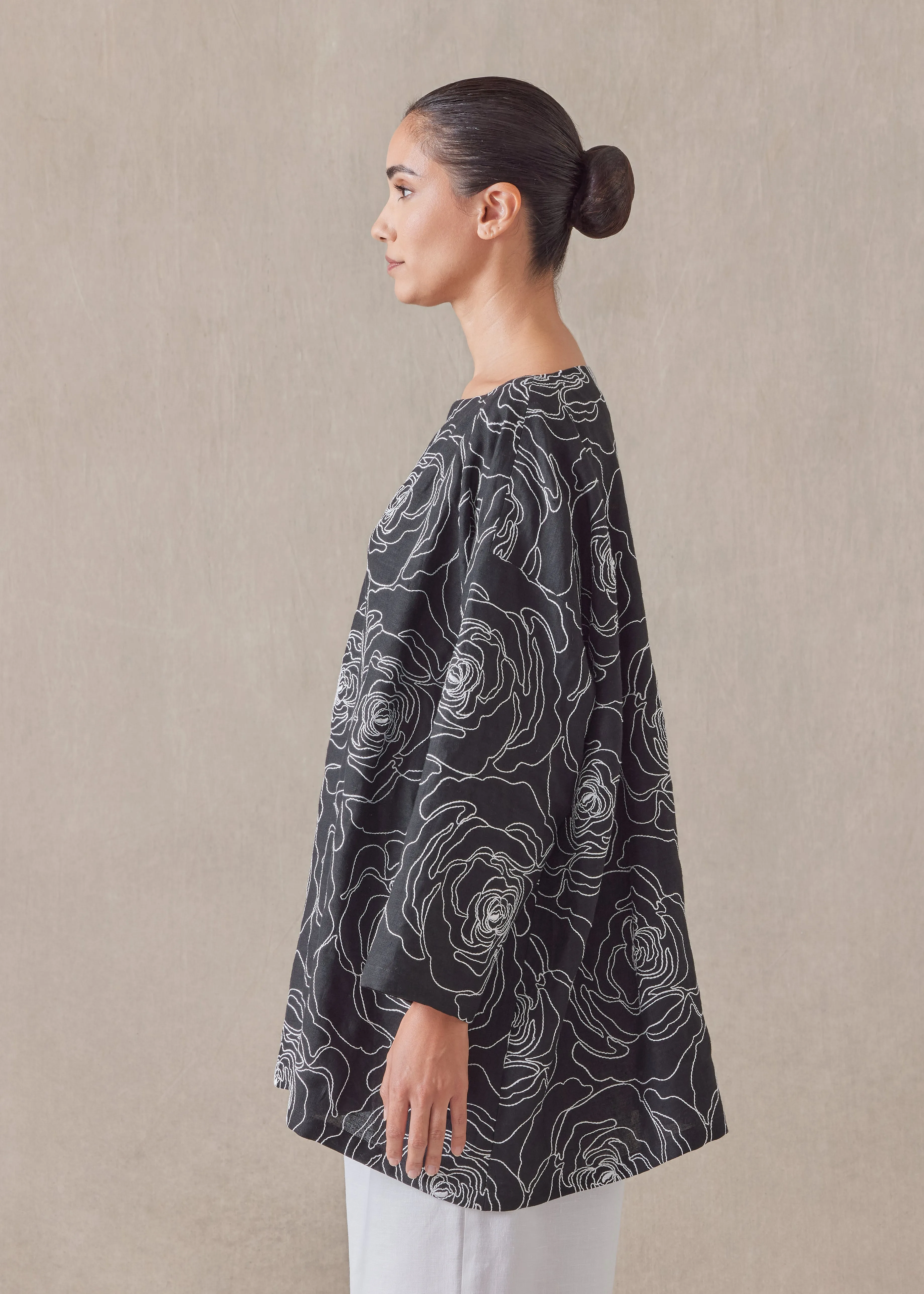 embroidered linen wide a-line scoop neck tunic - long sold by eskandar product image thumbnail 2