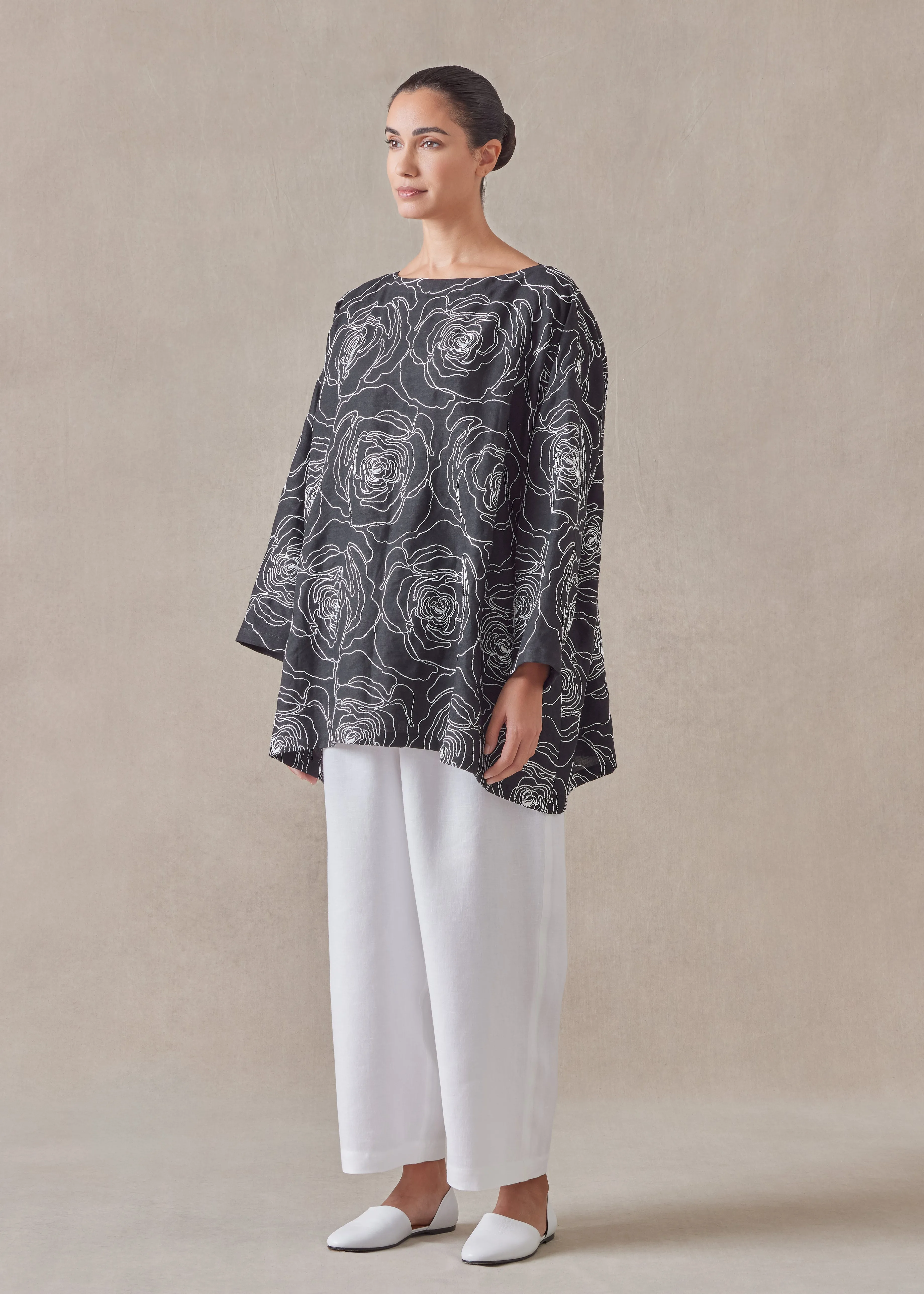 embroidered linen wide a-line scoop neck tunic - long sold by eskandar