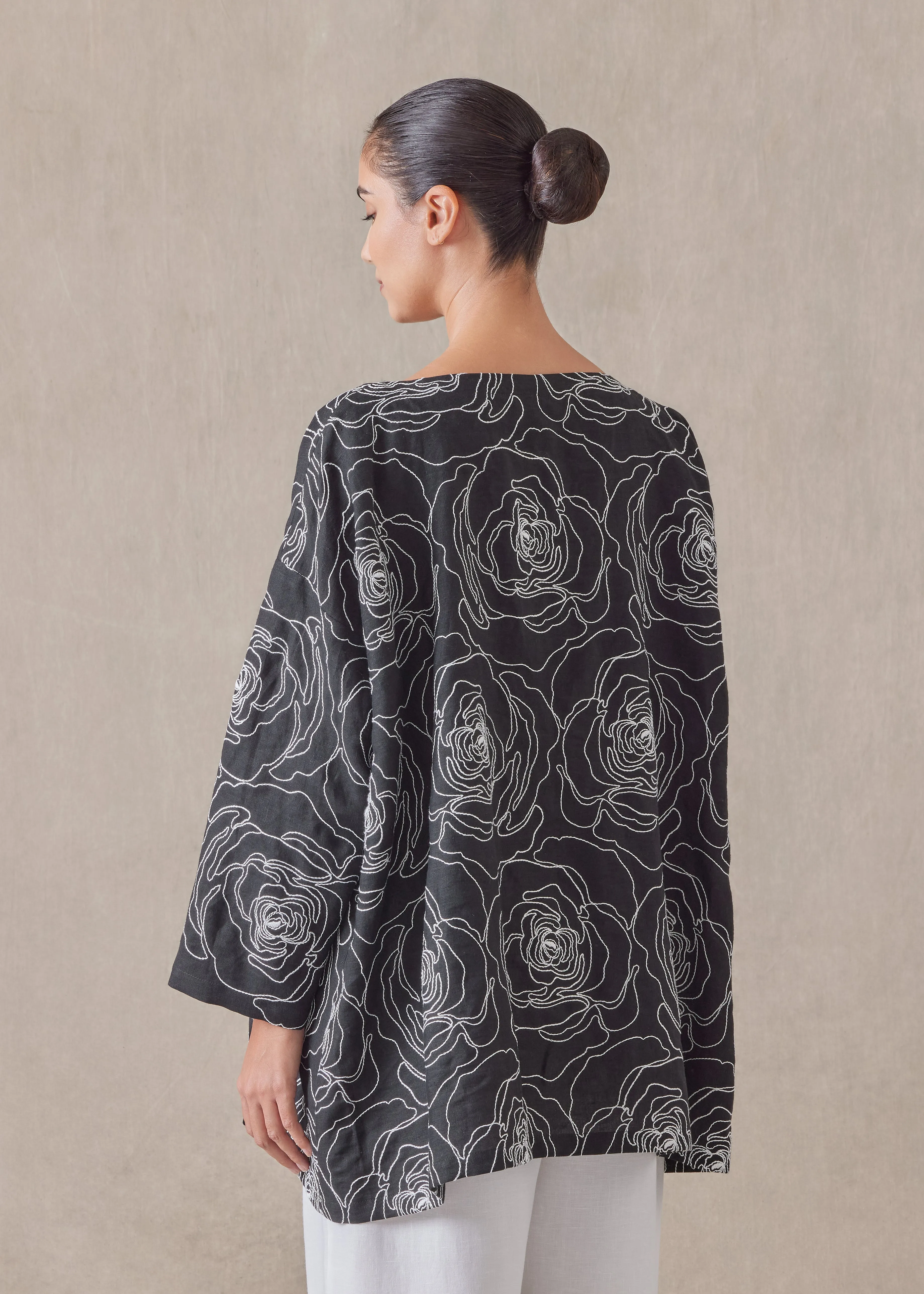 embroidered linen wide a-line scoop neck tunic - long sold by eskandar product image thumbnail 3