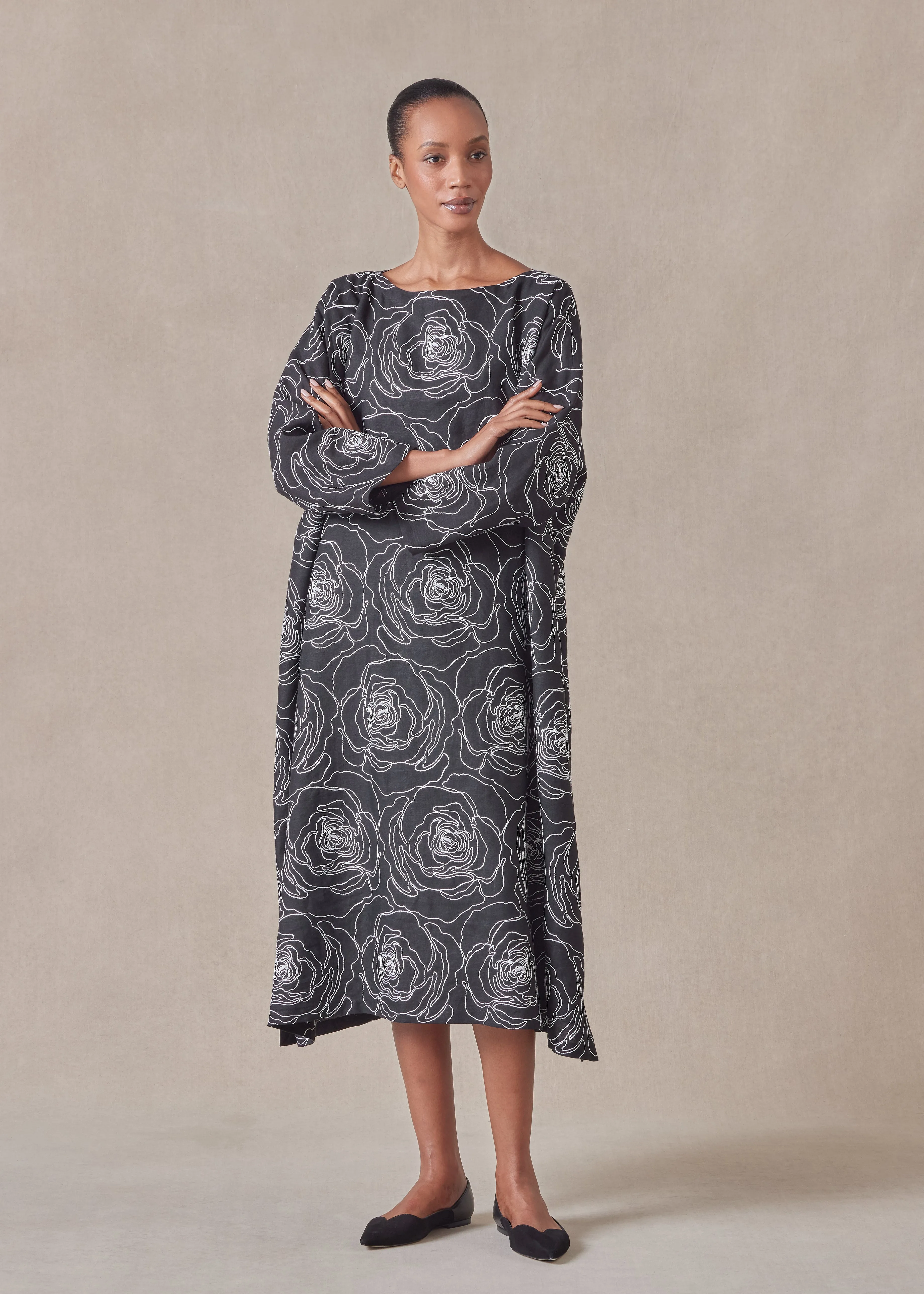 embroidered linen wide a-line scoop neck dress sold by eskandar