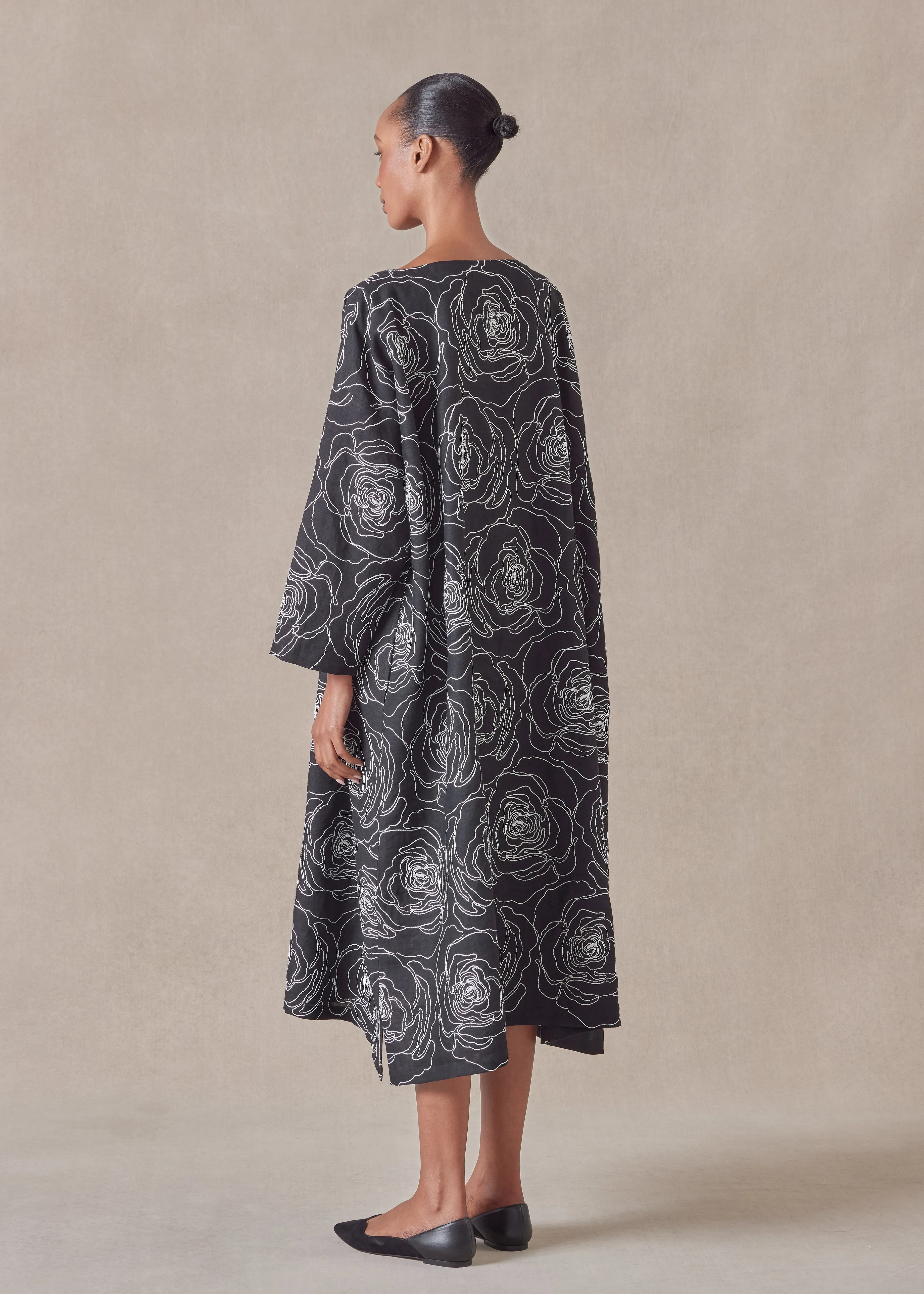 embroidered linen wide a-line scoop neck dress sold by eskandar product image thumbnail 4