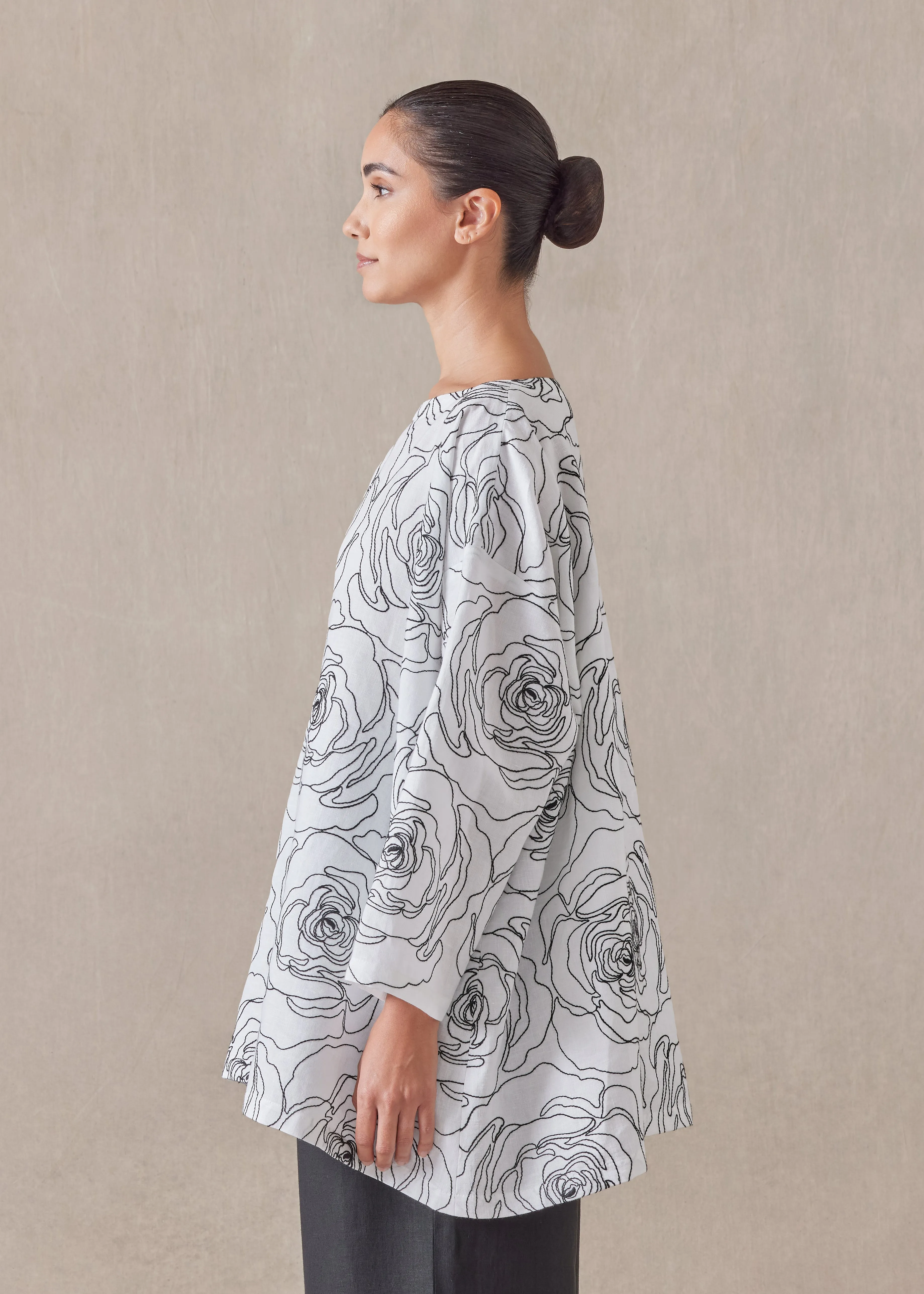 embroidered linen wide a-line scoop neck tunic - long sold by eskandar product image thumbnail 2