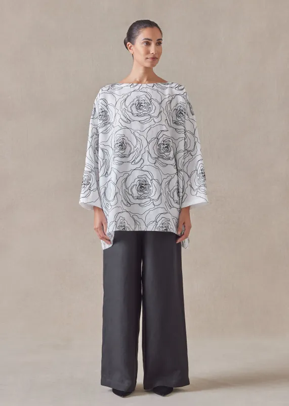 embroidered linen wide a-line scoop neck tunic - long sold by eskandar