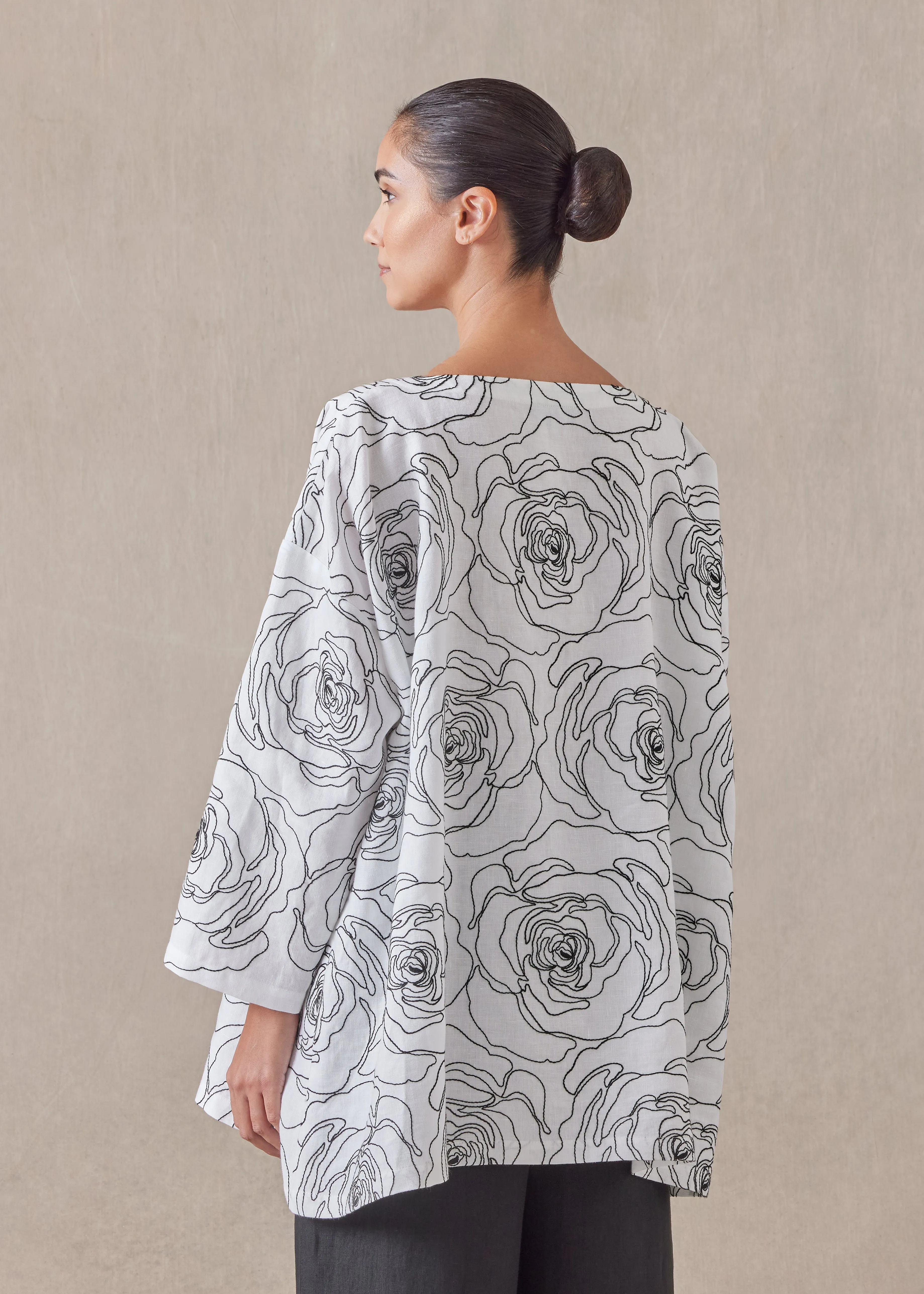 embroidered linen wide a-line scoop neck tunic - long sold by eskandar product image thumbnail 3