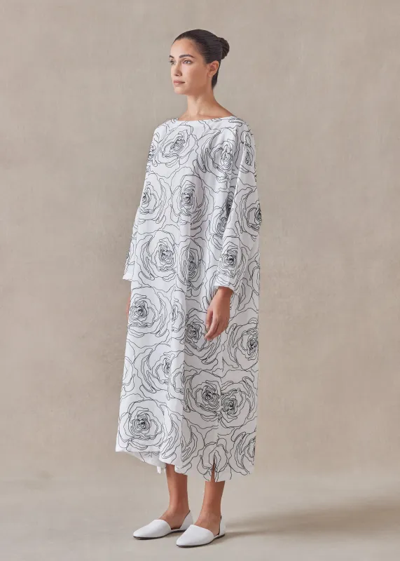 embroidered linen wide a-line scoop neck dress sold by eskandar