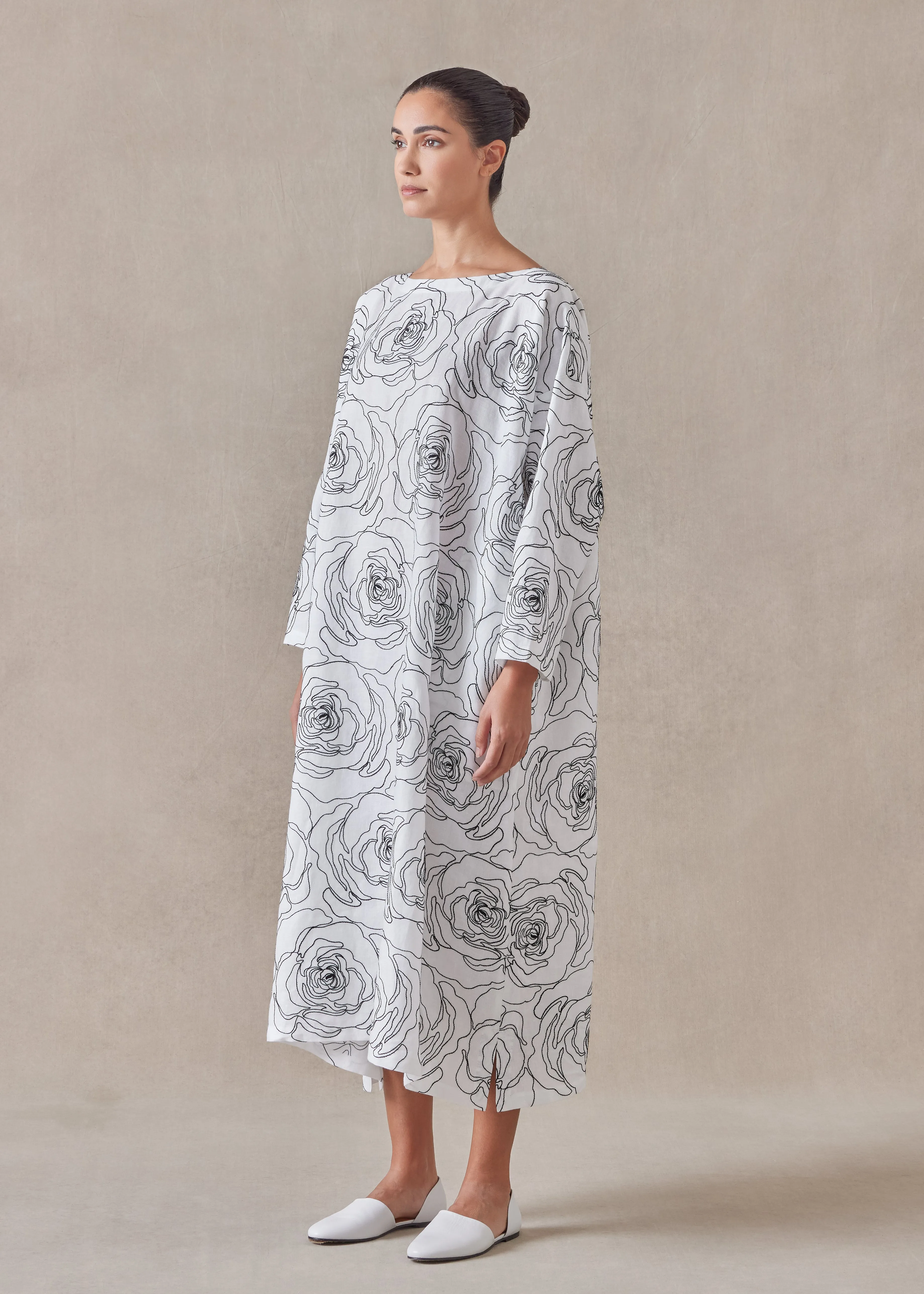 embroidered linen wide a-line scoop neck dress sold by eskandar