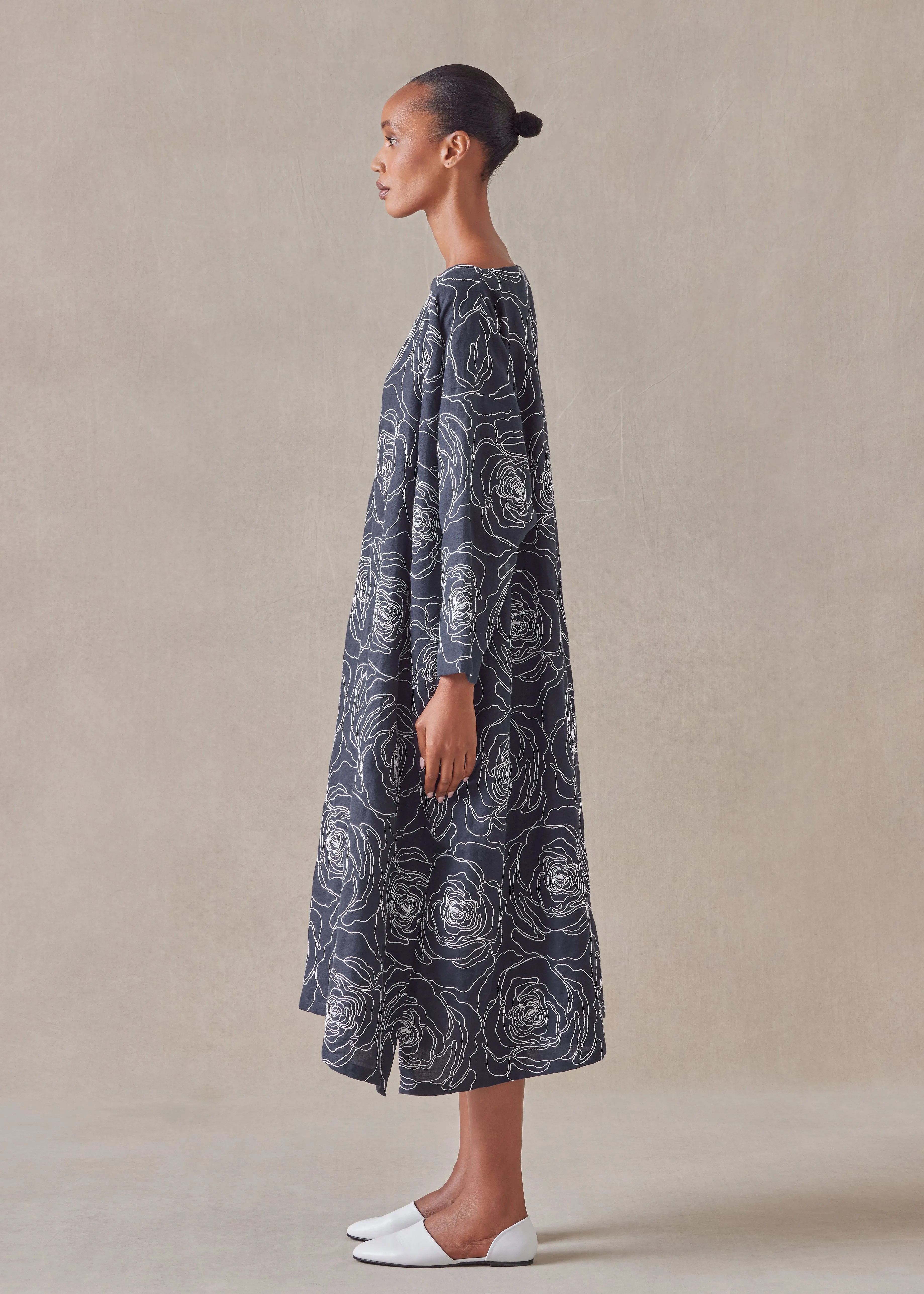 embroidered linen wide a-line scoop neck dress sold by eskandar product image thumbnail 2