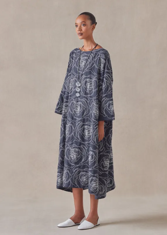 embroidered linen wide a-line scoop neck dress sold by eskandar