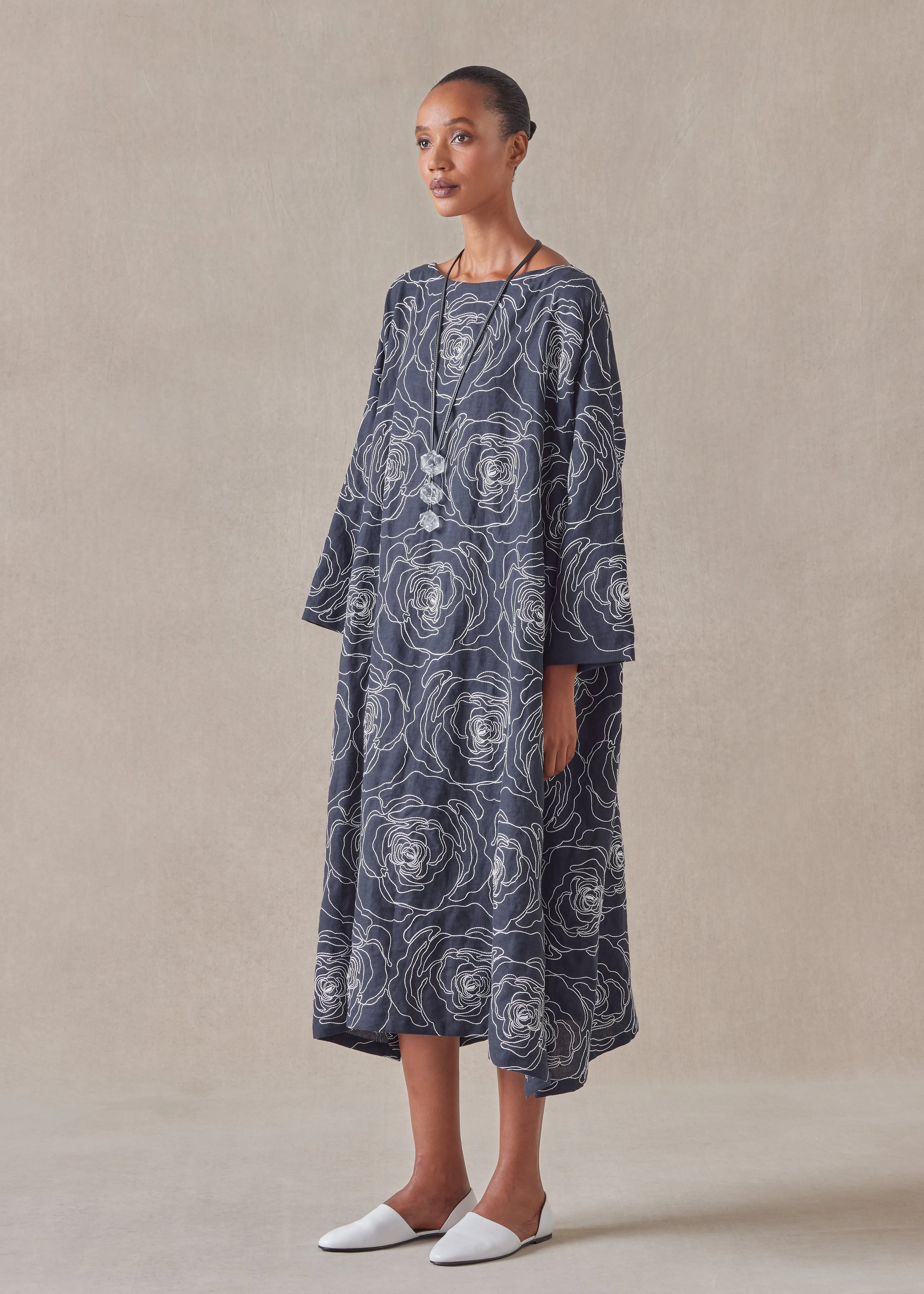 embroidered linen wide a-line scoop neck dress sold by eskandar