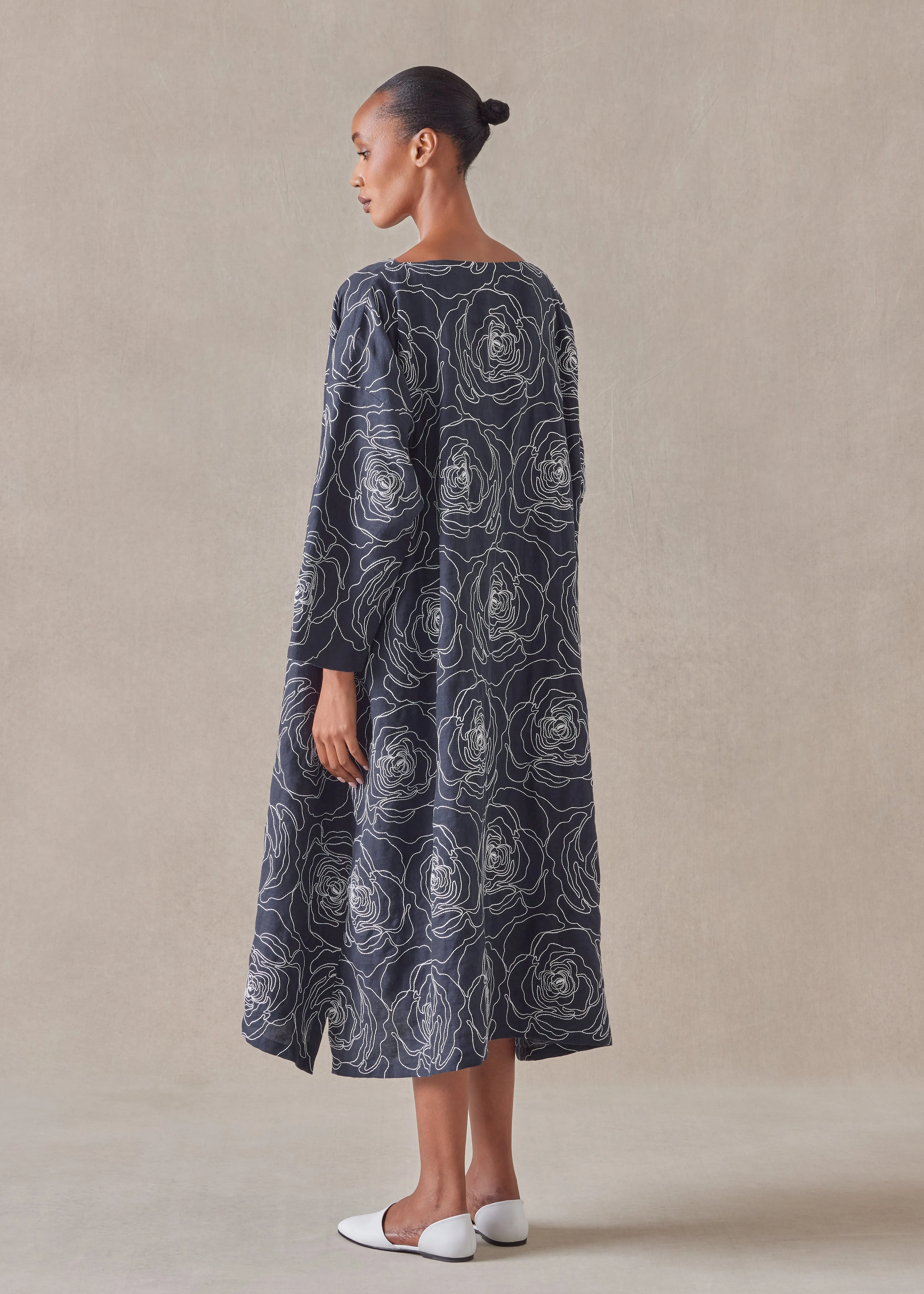 embroidered linen wide a-line scoop neck dress sold by eskandar product image thumbnail 3