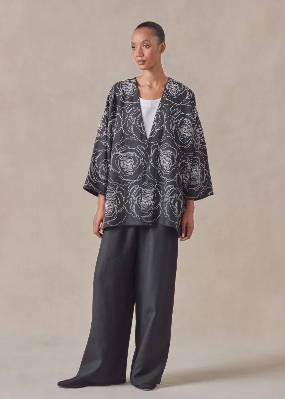 embroidered linen wide a-line v-neck jacket - long sold by eskandar